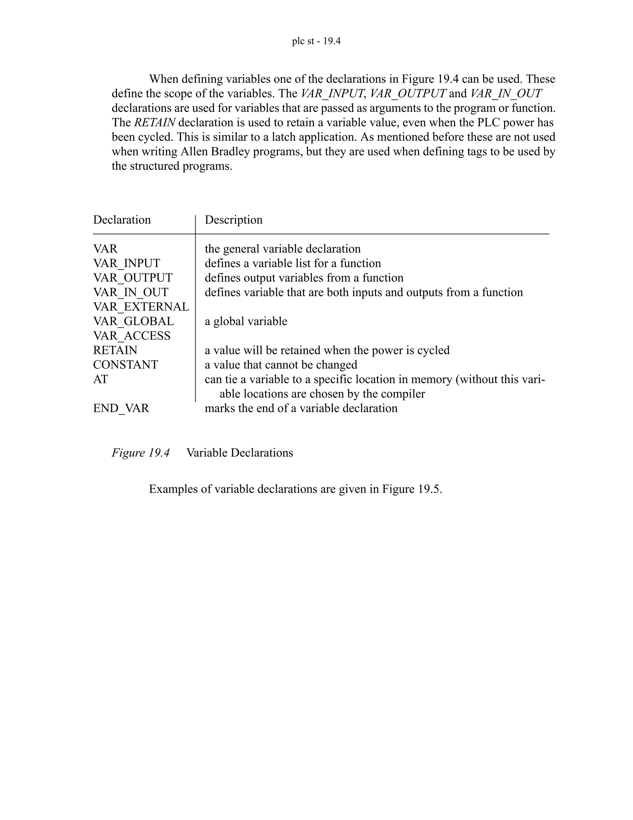 plc st - 19.4
When defining variables one of the declarations in Figure 19.4 can be used. These
define the scope of the variables. The VAR_INPUT, VAR_OUTPUT and VAR_IN_OUT
declarations are used for variables that are passed as arguments to the program or function.
The RETAIN declaration is used to retain a variable value, even when the PLC power has
been cycled. This is similar to a latch application. As mentioned before these are not used
when writing Allen Bradley programs, but they are used when defining tags to be used by
the structured programs.
Figure 19.4 Variable Declarations
Examples of variable declarations are given in Figure 19.5.
Declaration
VAR
VAR_INPUT
VAR_OUTPUT
VAR_IN_OUT
VAR_EXTERNAL
VAR_GLOBAL
VAR_ACCESS
RETAIN
CONSTANT
AT
END_VAR
Description
the general variable declaration
defines a variable list for a function
defines output variables from a function
defines variable that are both inputs and outputs from a function
a global variable
a value will be retained when the power is cycled
a value that cannot be changed
can tie a variable to a specific location in memory (without this vari-
able locations are chosen by the compiler
marks the end of a variable declaration
 