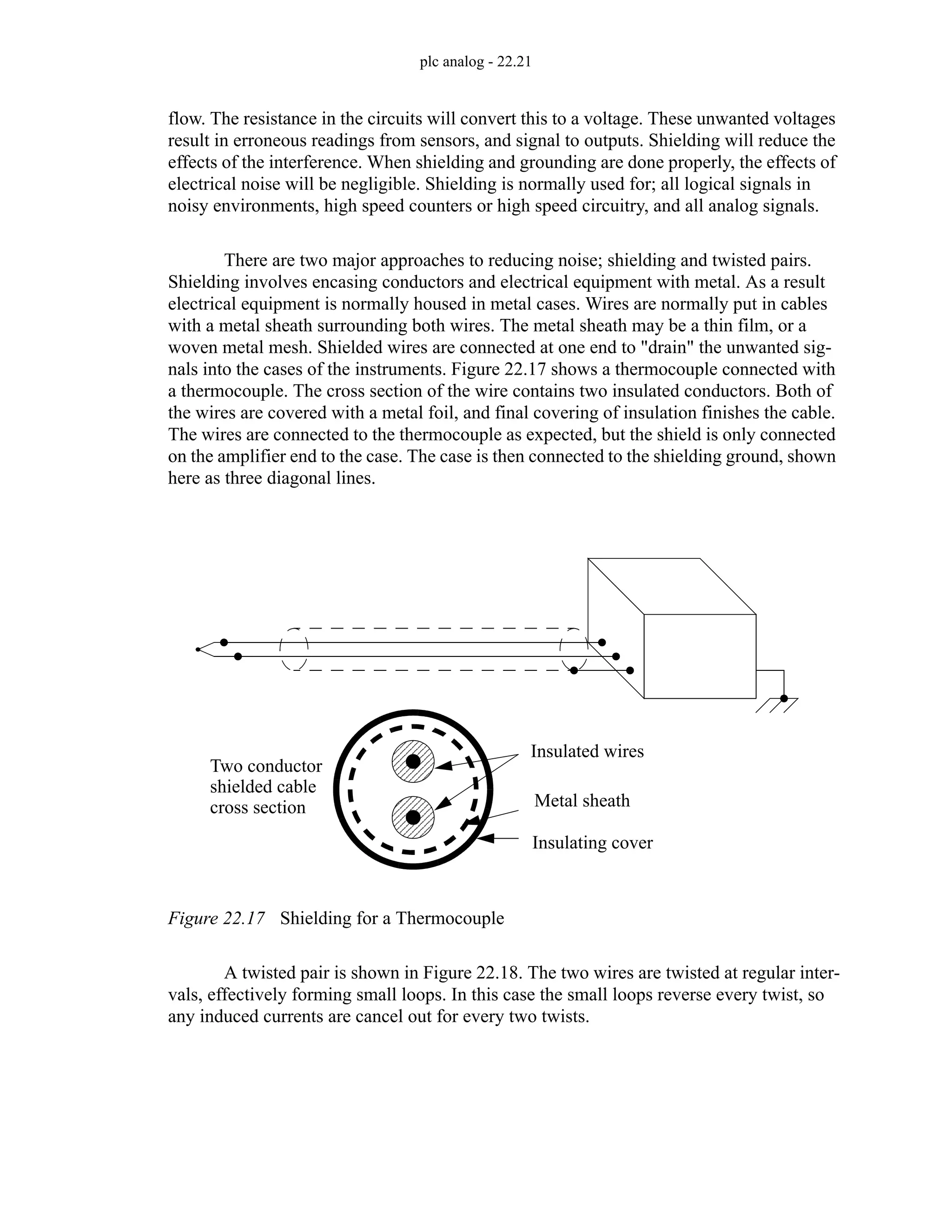 plc analog - 22.21
flow. The resistance in the circuits will convert this to a voltage. These unwanted voltages
result in erroneous readings from sensors, and signal to outputs. Shielding will reduce the
effects of the interference. When shielding and grounding are done properly, the effects of
electrical noise will be negligible. Shielding is normally used for; all logical signals in
noisy environments, high speed counters or high speed circuitry, and all analog signals.
There are two major approaches to reducing noise; shielding and twisted pairs.
Shielding involves encasing conductors and electrical equipment with metal. As a result
electrical equipment is normally housed in metal cases. Wires are normally put in cables
with a metal sheath surrounding both wires. The metal sheath may be a thin film, or a
woven metal mesh. Shielded wires are connected at one end to "drain" the unwanted sig-
nals into the cases of the instruments. Figure 22.17 shows a thermocouple connected with
a thermocouple. The cross section of the wire contains two insulated conductors. Both of
the wires are covered with a metal foil, and final covering of insulation finishes the cable.
The wires are connected to the thermocouple as expected, but the shield is only connected
on the amplifier end to the case. The case is then connected to the shielding ground, shown
here as three diagonal lines.
Figure 22.17 Shielding for a Thermocouple
A twisted pair is shown in Figure 22.18. The two wires are twisted at regular inter-
vals, effectively forming small loops. In this case the small loops reverse every twist, so
any induced currents are cancel out for every two twists.
Insulated wires
Metal sheath
Insulating cover
Two conductor
shielded cable
cross section
 