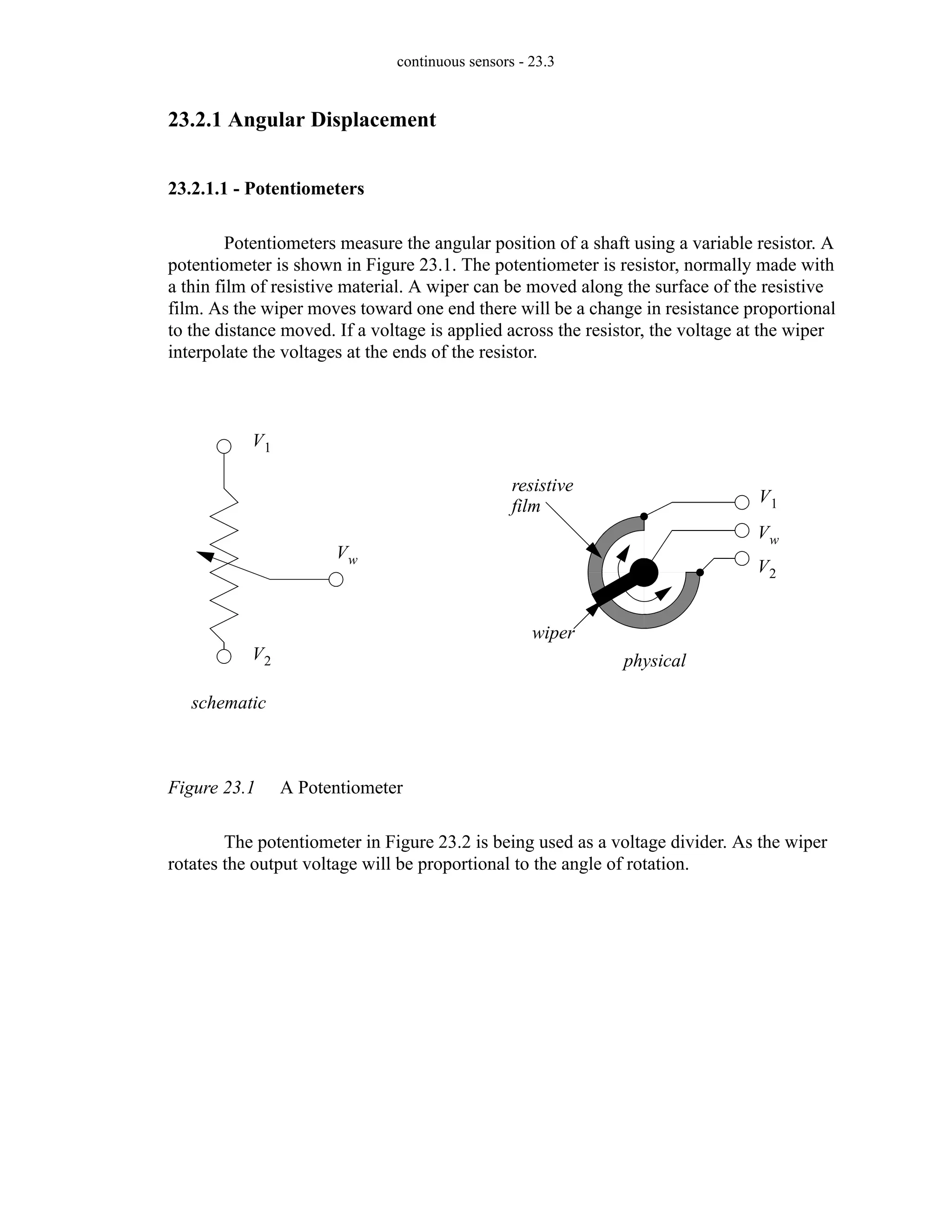 continuous sensors - 23.3
23.2.1 Angular Displacement
23.2.1.1 - Potentiometers
Potentiometers measure the angular position of a shaft using a variable resistor. A
potentiometer is shown in Figure 23.1. The potentiometer is resistor, normally made with
a thin film of resistive material. A wiper can be moved along the surface of the resistive
film. As the wiper moves toward one end there will be a change in resistance proportional
to the distance moved. If a voltage is applied across the resistor, the voltage at the wiper
interpolate the voltages at the ends of the resistor.
Figure 23.1 A Potentiometer
The potentiometer in Figure 23.2 is being used as a voltage divider. As the wiper
rotates the output voltage will be proportional to the angle of rotation.
schematic
physical
resistive
wiper
film
V1
V2
Vw
V1
Vw
V2
 