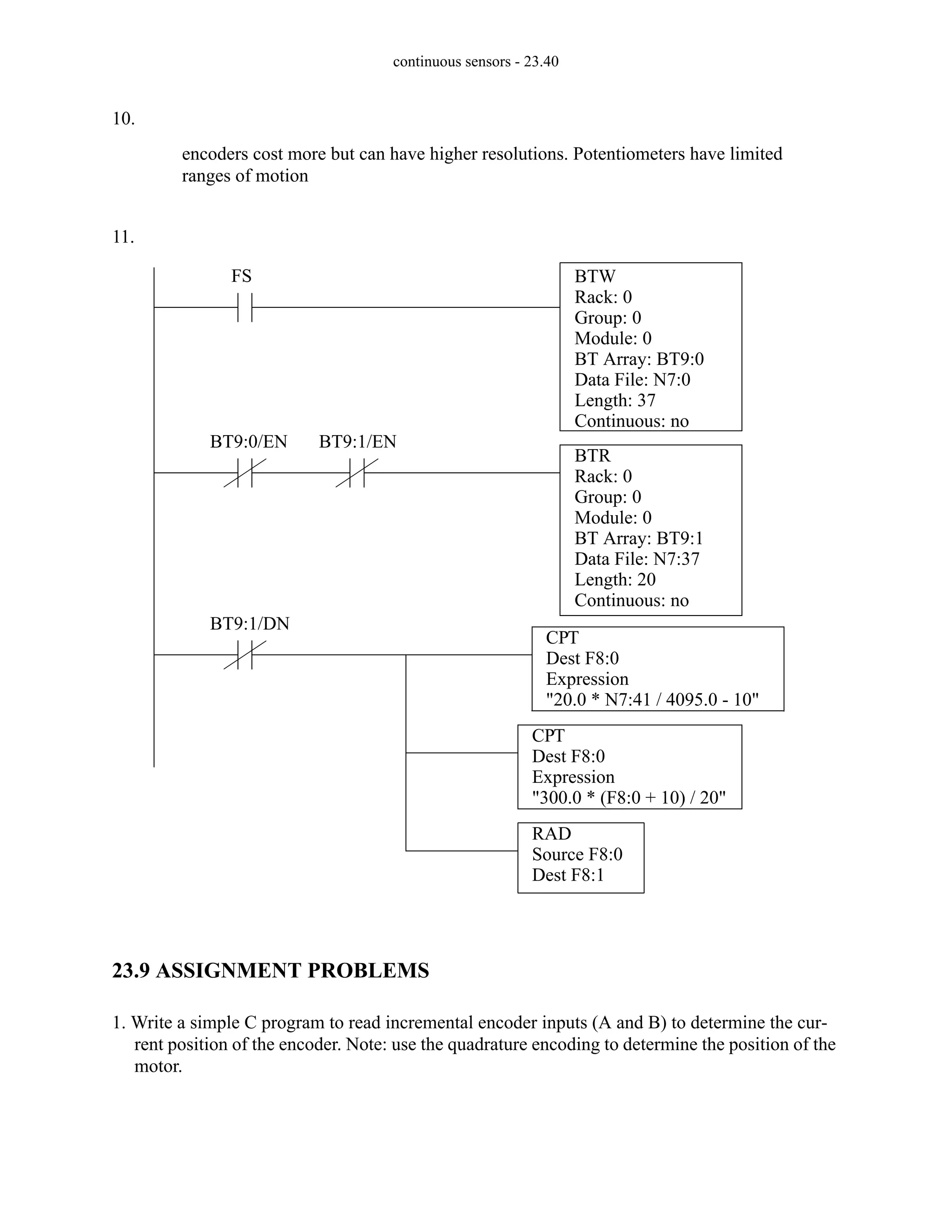 continuous sensors - 23.40
10.
11.
23.9 ASSIGNMENT PROBLEMS
1. Write a simple C program to read incremental encoder inputs (A and B) to determine the cur-
rent position of the encoder. Note: use the quadrature encoding to determine the position of the
motor.
encoders cost more but can have higher resolutions. Potentiometers have limited
ranges of motion
BTW
Rack: 0
Group: 0
Module: 0
BT Array: BT9:0
Data File: N7:0
Length: 37
Continuous: no
FS
BTR
Rack: 0
Group: 0
Module: 0
BT Array: BT9:1
Data File: N7:37
Length: 20
Continuous: no
BT9:0/EN BT9:1/EN
CPT
Dest F8:0
Expression
"20.0 * N7:41 / 4095.0 - 10"
BT9:1/DN
CPT
Dest F8:0
Expression
"300.0 * (F8:0 + 10) / 20"
RAD
Source F8:0
Dest F8:1
 