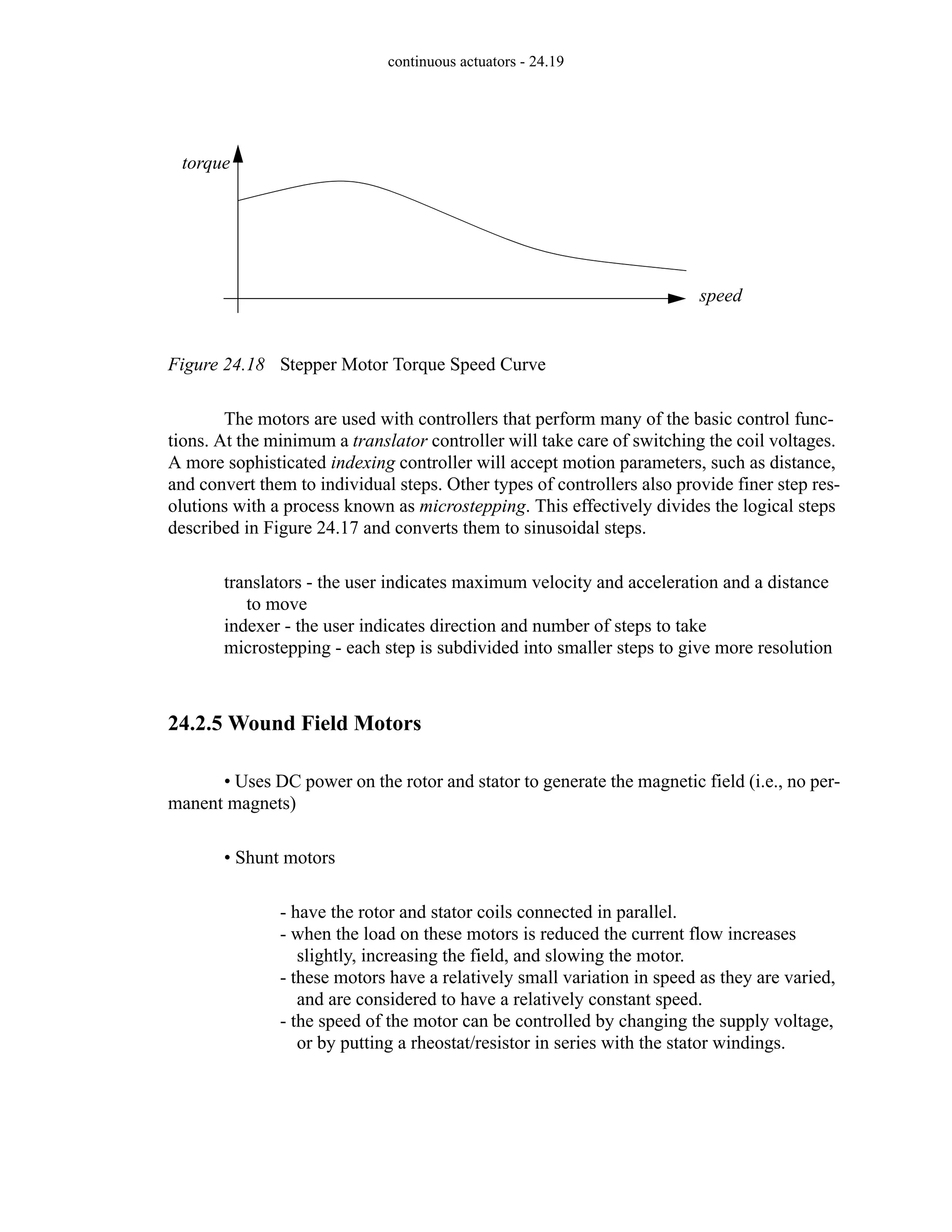continuous actuators - 24.19
Figure 24.18 Stepper Motor Torque Speed Curve
The motors are used with controllers that perform many of the basic control func-
tions. At the minimum a translator controller will take care of switching the coil voltages.
A more sophisticated indexing controller will accept motion parameters, such as distance,
and convert them to individual steps. Other types of controllers also provide finer step res-
olutions with a process known as microstepping. This effectively divides the logical steps
described in Figure 24.17 and converts them to sinusoidal steps.
translators - the user indicates maximum velocity and acceleration and a distance
to move
indexer - the user indicates direction and number of steps to take
microstepping - each step is subdivided into smaller steps to give more resolution
24.2.5 Wound Field Motors
• Uses DC power on the rotor and stator to generate the magnetic field (i.e., no per-
manent magnets)
• Shunt motors
- have the rotor and stator coils connected in parallel.
- when the load on these motors is reduced the current flow increases
slightly, increasing the field, and slowing the motor.
- these motors have a relatively small variation in speed as they are varied,
and are considered to have a relatively constant speed.
- the speed of the motor can be controlled by changing the supply voltage,
or by putting a rheostat/resistor in series with the stator windings.
torque
speed
 