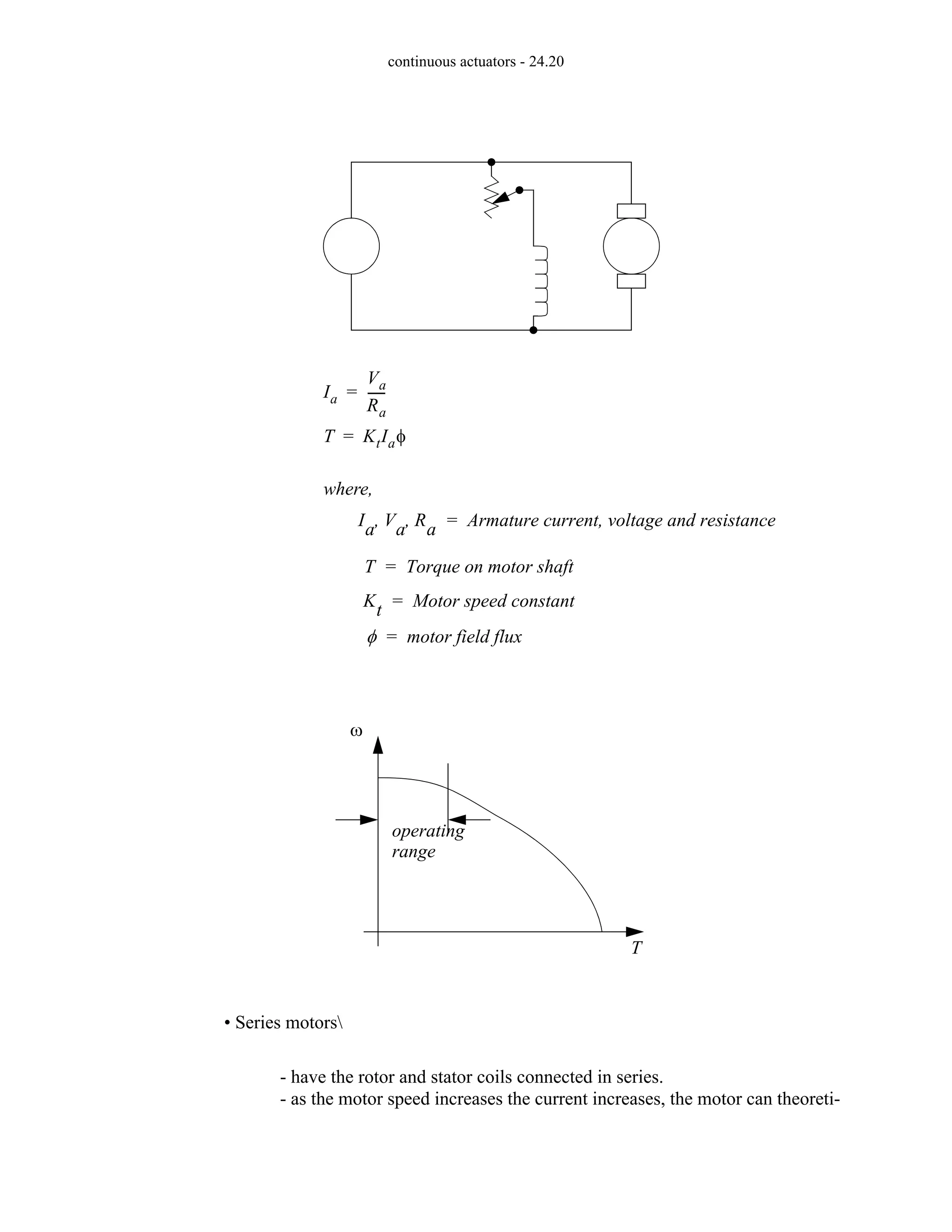 continuous actuators - 24.20
• Series motors
- have the rotor and stator coils connected in series.
- as the motor speed increases the current increases, the motor can theoreti-
Ia
Va
Ra
-----
-
=
T KtIaφ
=
where,
Ia Va Ra
, , Armature current, voltage and resistance
=
T Torque on motor shaft
=
Kt Motor speed constant
=
φ motor field flux
=
ω
T
operating
range
 