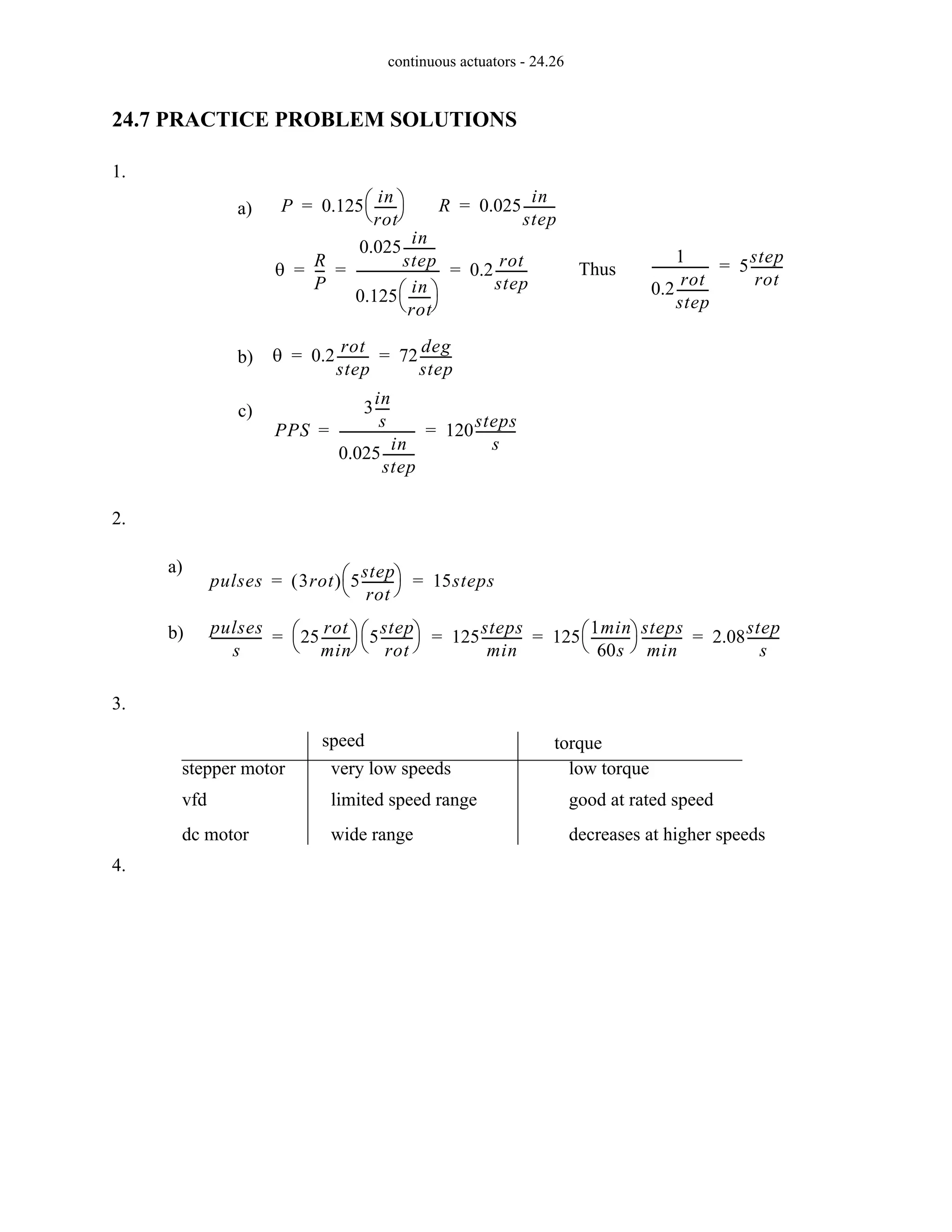 continuous actuators - 24.26
24.7 PRACTICE PROBLEM SOLUTIONS
1.
2.
3.
4.
a) P 0.125
in
rot
------
-
⎝ ⎠
⎛ ⎞
= R 0.025
in
step
---------
-
=
θ
R
P
--
-
0.025
in
step
---------
-
0.125
in
rot
------
-
⎝ ⎠
⎛ ⎞
--------------------------
- 0.2
rot
step
---------
-
= = = Thus
1
0.2
rot
step
---------
-
------------------ 5
step
rot
---------
-
=
b) θ 0.2
rot
step
---------
- 72
deg
step
---------
-
= =
c)
PPS
3
in
s
----
-
0.025
in
step
---------
-
------------------------ 120
steps
s
------------
-
= =
a)
pulses 3rot
( ) 5
step
rot
---------
-
⎝ ⎠
⎛ ⎞ 15steps
= =
b) pulses
s
---------------
- 25
rot
min
--------
-
⎝ ⎠
⎛ ⎞ 5
step
rot
---------
-
⎝ ⎠
⎛ ⎞ 125
steps
min
------------
- 125
1min
60s
------------
-
⎝ ⎠
⎛ ⎞ steps
min
------------
- 2.08
step
s
---------
-
= = = =
stepper motor
vfd
dc motor
speed torque
very low speeds
limited speed range
wide range
low torque
good at rated speed
decreases at higher speeds
 