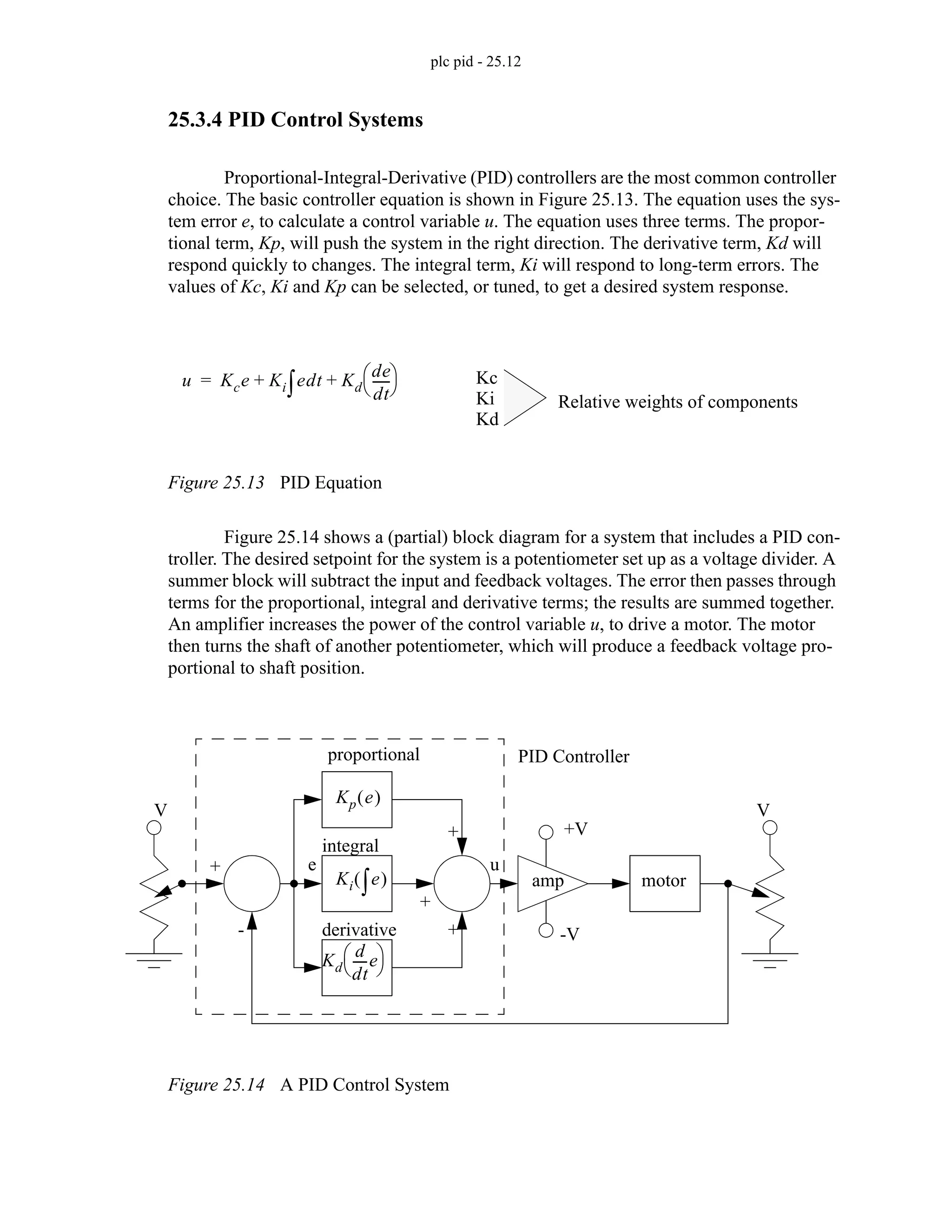 plc pid - 25.12
25.3.4 PID Control Systems
Proportional-Integral-Derivative (PID) controllers are the most common controller
choice. The basic controller equation is shown in Figure 25.13. The equation uses the sys-
tem error e, to calculate a control variable u. The equation uses three terms. The propor-
tional term, Kp, will push the system in the right direction. The derivative term, Kd will
respond quickly to changes. The integral term, Ki will respond to long-term errors. The
values of Kc, Ki and Kp can be selected, or tuned, to get a desired system response.
Figure 25.13 PID Equation
Figure 25.14 shows a (partial) block diagram for a system that includes a PID con-
troller. The desired setpoint for the system is a potentiometer set up as a voltage divider. A
summer block will subtract the input and feedback voltages. The error then passes through
terms for the proportional, integral and derivative terms; the results are summed together.
An amplifier increases the power of the control variable u, to drive a motor. The motor
then turns the shaft of another potentiometer, which will produce a feedback voltage pro-
portional to shaft position.
Figure 25.14 A PID Control System
u Kce Ki edt
∫ Kd
de
dt
-----
-
⎝ ⎠
⎛ ⎞
+ +
= Kc
Ki
Kd
Relative weights of components
V V
+
-
amp motor
+
+
+
proportional
integral
derivative
Ki e
∫
( )
Kp e
( )
Kd
d
dt
----
-e
⎝ ⎠
⎛ ⎞
PID Controller
u
e
+V
-V
 
