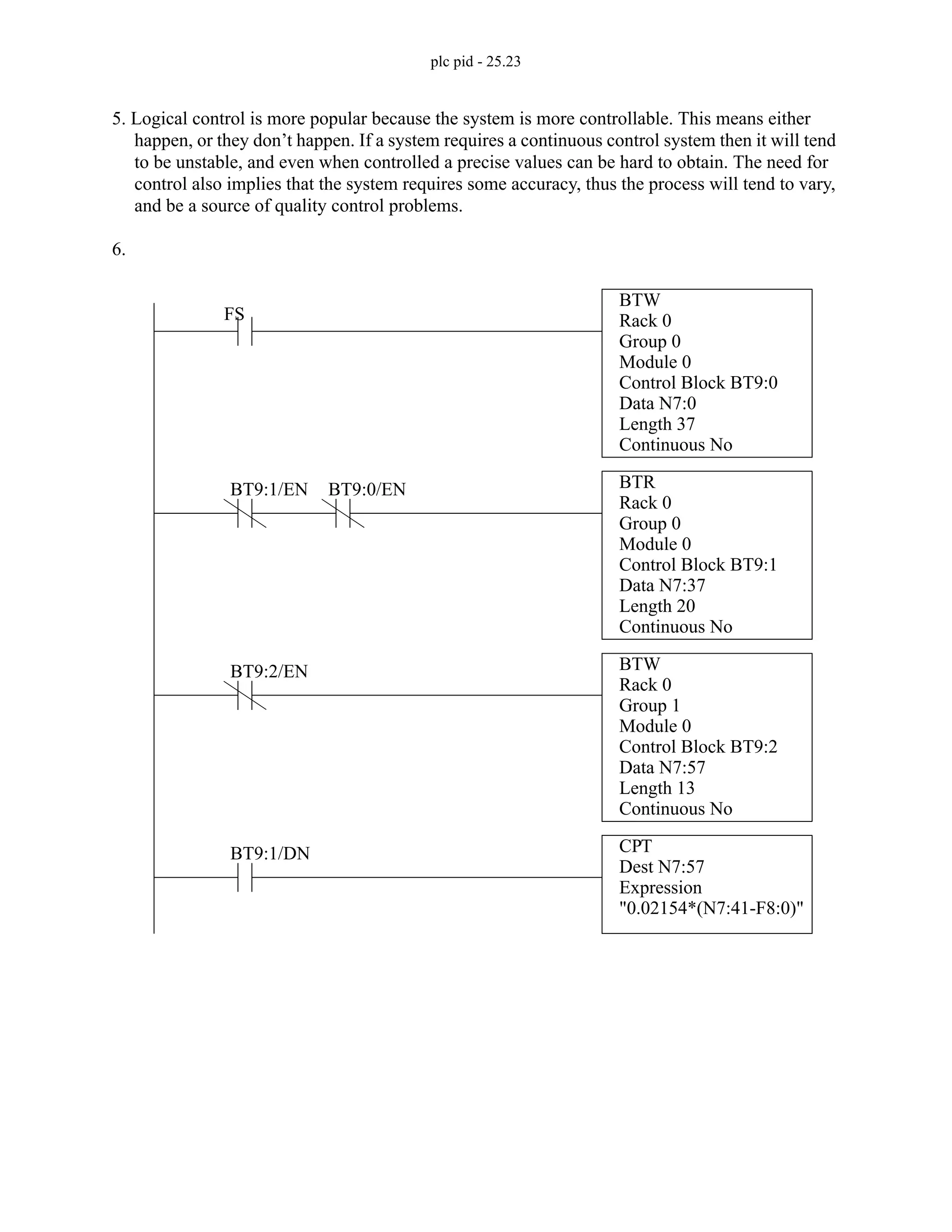 plc pid - 25.23
5. Logical control is more popular because the system is more controllable. This means either
happen, or they don’t happen. If a system requires a continuous control system then it will tend
to be unstable, and even when controlled a precise values can be hard to obtain. The need for
control also implies that the system requires some accuracy, thus the process will tend to vary,
and be a source of quality control problems.
6.
BTW
Rack 0
Group 0
Module 0
FS
Control Block BT9:0
Data N7:0
Length 37
Continuous No
BTR
Rack 0
Group 0
Module 0
BT9:1/EN
Control Block BT9:1
Data N7:37
Length 20
Continuous No
BTW
Rack 0
Group 1
Module 0
BT9:2/EN
Control Block BT9:2
Data N7:57
Length 13
Continuous No
BT9:0/EN
CPT
Dest N7:57
Expression
"0.02154*(N7:41-F8:0)"
BT9:1/DN
 