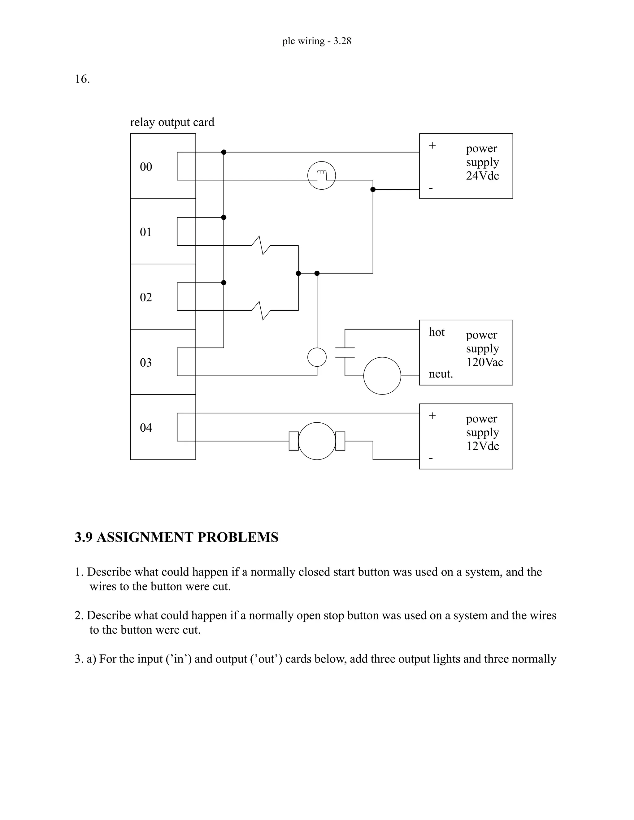 plc wiring - 3.28
16.
3.9 ASSIGNMENT PROBLEMS
1. Describe what could happen if a normally closed start button was used on a system, and the
wires to the button were cut.
2. Describe what could happen if a normally open stop button was used on a system and the wires
to the button were cut.
3. a) For the input (’in’) and output (’out’) cards below, add three output lights and three normally
00
01
02
03
relay output card
04
power
supply
24Vdc
+
-
power
supply
120Vac
hot
neut.
power
supply
12Vdc
+
-
 