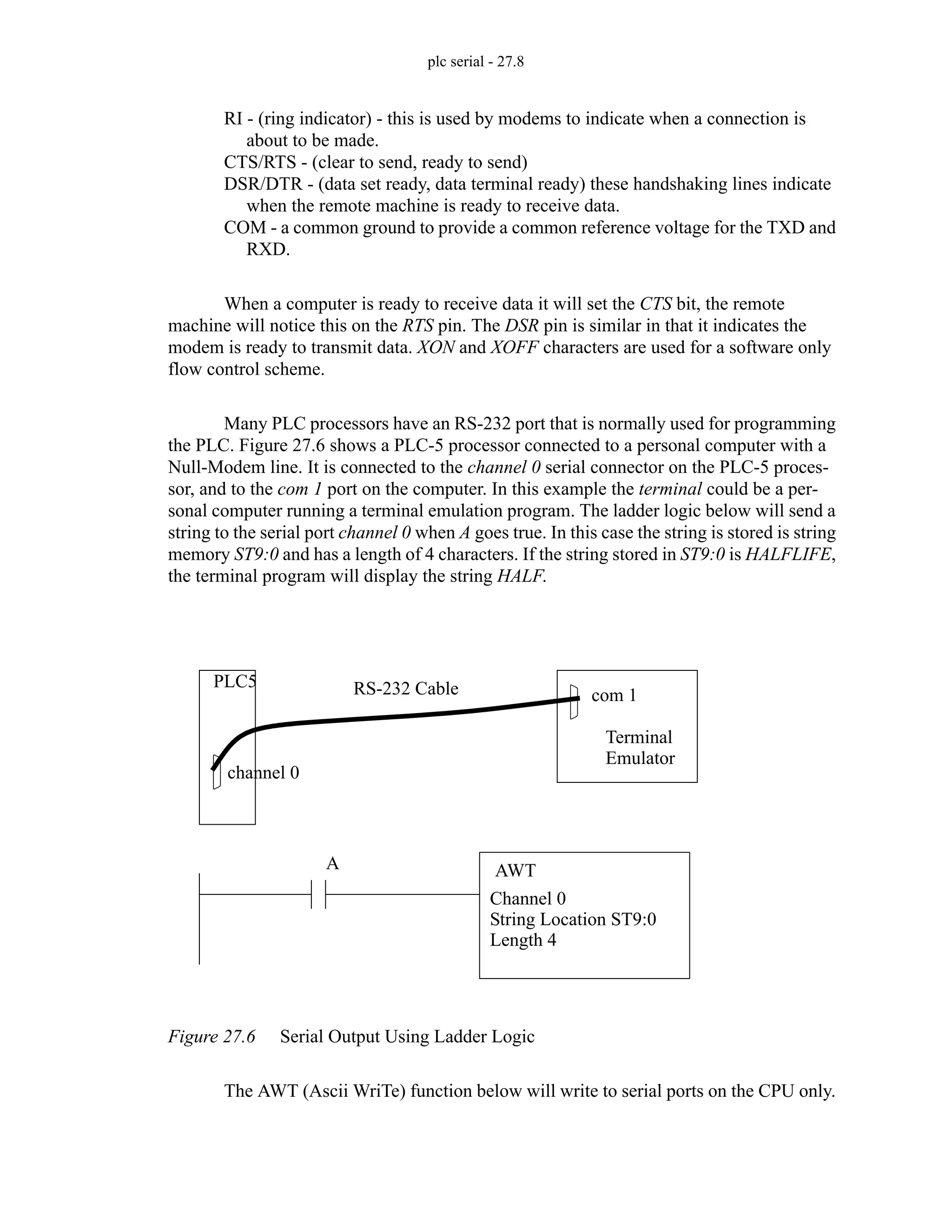 plc serial - 27.8
RI - (ring indicator) - this is used by modems to indicate when a connection is
about to be made.
CTS/RTS - (clear to send, ready to send)
DSR/DTR - (data set ready, data terminal ready) these handshaking lines indicate
when the remote machine is ready to receive data.
COM - a common ground to provide a common reference voltage for the TXD and
RXD.
When a computer is ready to receive data it will set the CTS bit, the remote
machine will notice this on the RTS pin. The DSR pin is similar in that it indicates the
modem is ready to transmit data. XON and XOFF characters are used for a software only
flow control scheme.
Many PLC processors have an RS-232 port that is normally used for programming
the PLC. Figure 27.6 shows a PLC-5 processor connected to a personal computer with a
Null-Modem line. It is connected to the channel 0 serial connector on the PLC-5 proces-
sor, and to the com 1 port on the computer. In this example the terminal could be a per-
sonal computer running a terminal emulation program. The ladder logic below will send a
string to the serial port channel 0 when A goes true. In this case the string is stored is string
memory ST9:0 and has a length of 4 characters. If the string stored in ST9:0 is HALFLIFE,
the terminal program will display the string HALF.
Figure 27.6 Serial Output Using Ladder Logic
The AWT (Ascii WriTe) function below will write to serial ports on the CPU only.
PLC5 RS-232 Cable
Terminal
AWT
Channel 0
String Location ST9:0
Length 4
Emulator
com 1
channel 0
A
 