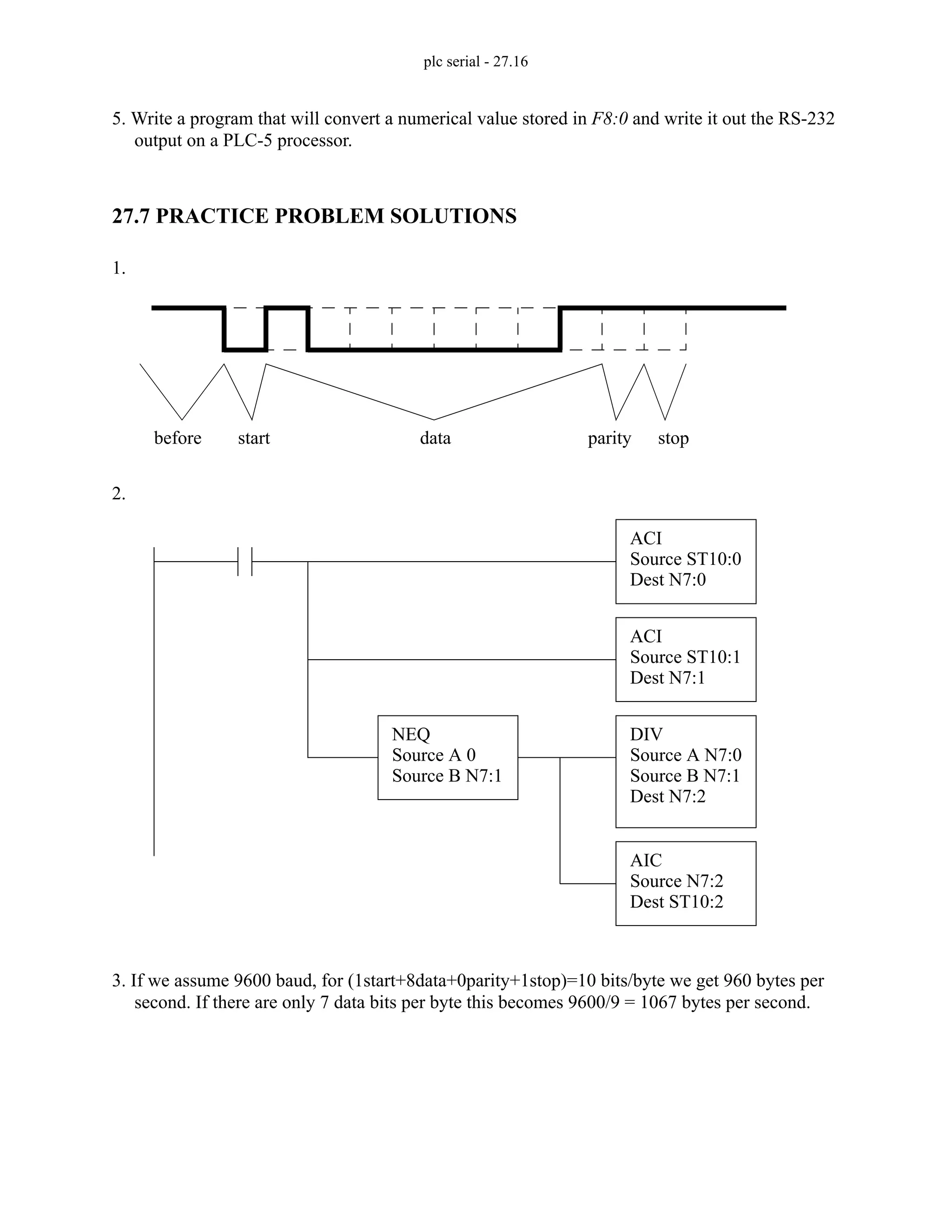 plc serial - 27.16
5. Write a program that will convert a numerical value stored in F8:0 and write it out the RS-232
output on a PLC-5 processor.
27.7 PRACTICE PROBLEM SOLUTIONS
1.
2.
3. If we assume 9600 baud, for (1start+8data+0parity+1stop)=10 bits/byte we get 960 bytes per
second. If there are only 7 data bits per byte this becomes 9600/9 = 1067 bytes per second.
before start data parity stop
ACI
Source ST10:0
Dest N7:0
ACI
Source ST10:1
Dest N7:1
NEQ
Source A 0
Source B N7:1
DIV
Source A N7:0
Source B N7:1
AIC
Source N7:2
Dest ST10:2
Dest N7:2
 