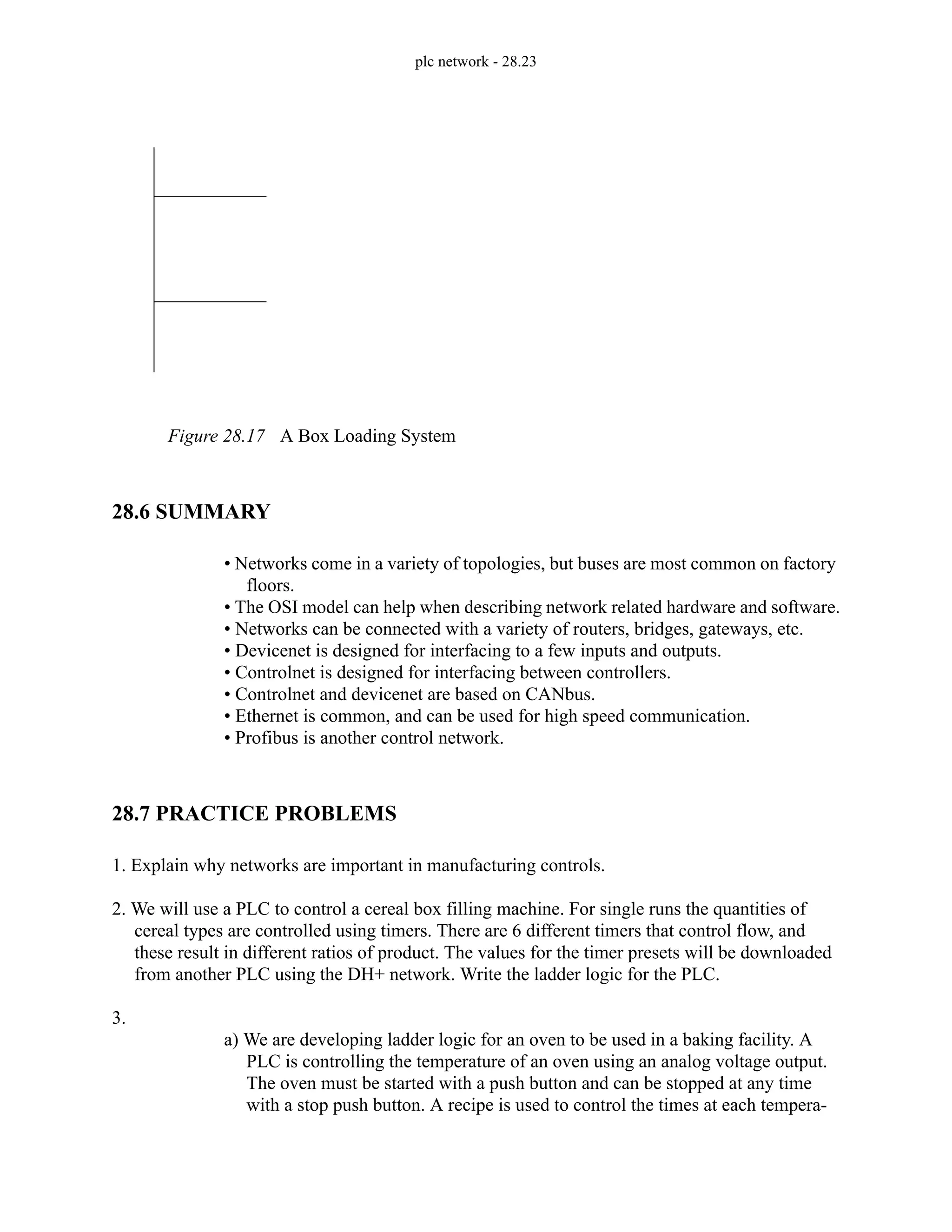 plc network - 28.23
Figure 28.17 A Box Loading System
28.6 SUMMARY
• Networks come in a variety of topologies, but buses are most common on factory
floors.
• The OSI model can help when describing network related hardware and software.
• Networks can be connected with a variety of routers, bridges, gateways, etc.
• Devicenet is designed for interfacing to a few inputs and outputs.
• Controlnet is designed for interfacing between controllers.
• Controlnet and devicenet are based on CANbus.
• Ethernet is common, and can be used for high speed communication.
• Profibus is another control network.
28.7 PRACTICE PROBLEMS
1. Explain why networks are important in manufacturing controls.
2. We will use a PLC to control a cereal box filling machine. For single runs the quantities of
cereal types are controlled using timers. There are 6 different timers that control flow, and
these result in different ratios of product. The values for the timer presets will be downloaded
from another PLC using the DH+ network. Write the ladder logic for the PLC.
3.
a) We are developing ladder logic for an oven to be used in a baking facility. A
PLC is controlling the temperature of an oven using an analog voltage output.
The oven must be started with a push button and can be stopped at any time
with a stop push button. A recipe is used to control the times at each tempera-
 
