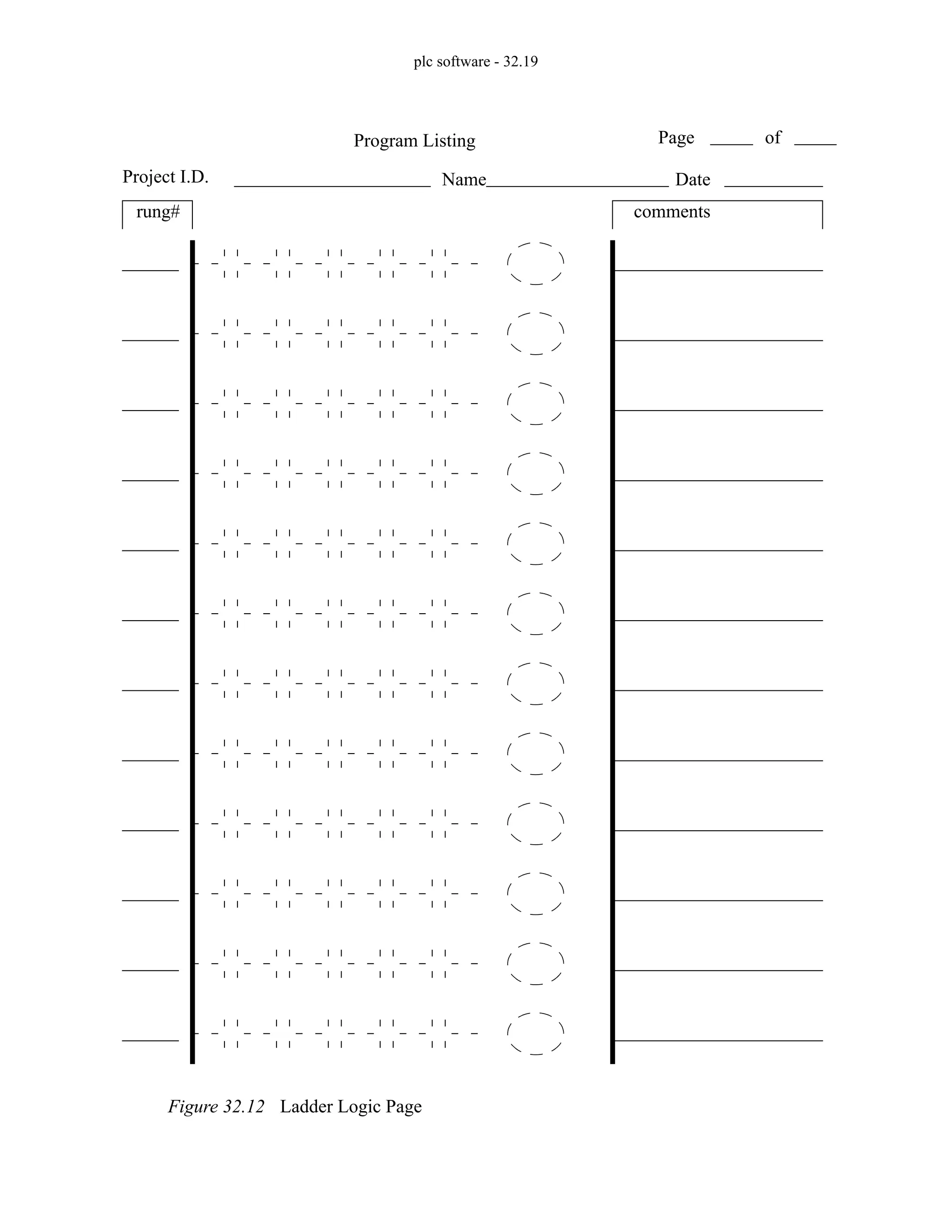 plc software - 32.19
Figure 32.12 Ladder Logic Page
Program Listing
Project I.D. Name
Page of
Date
rung# comments
 