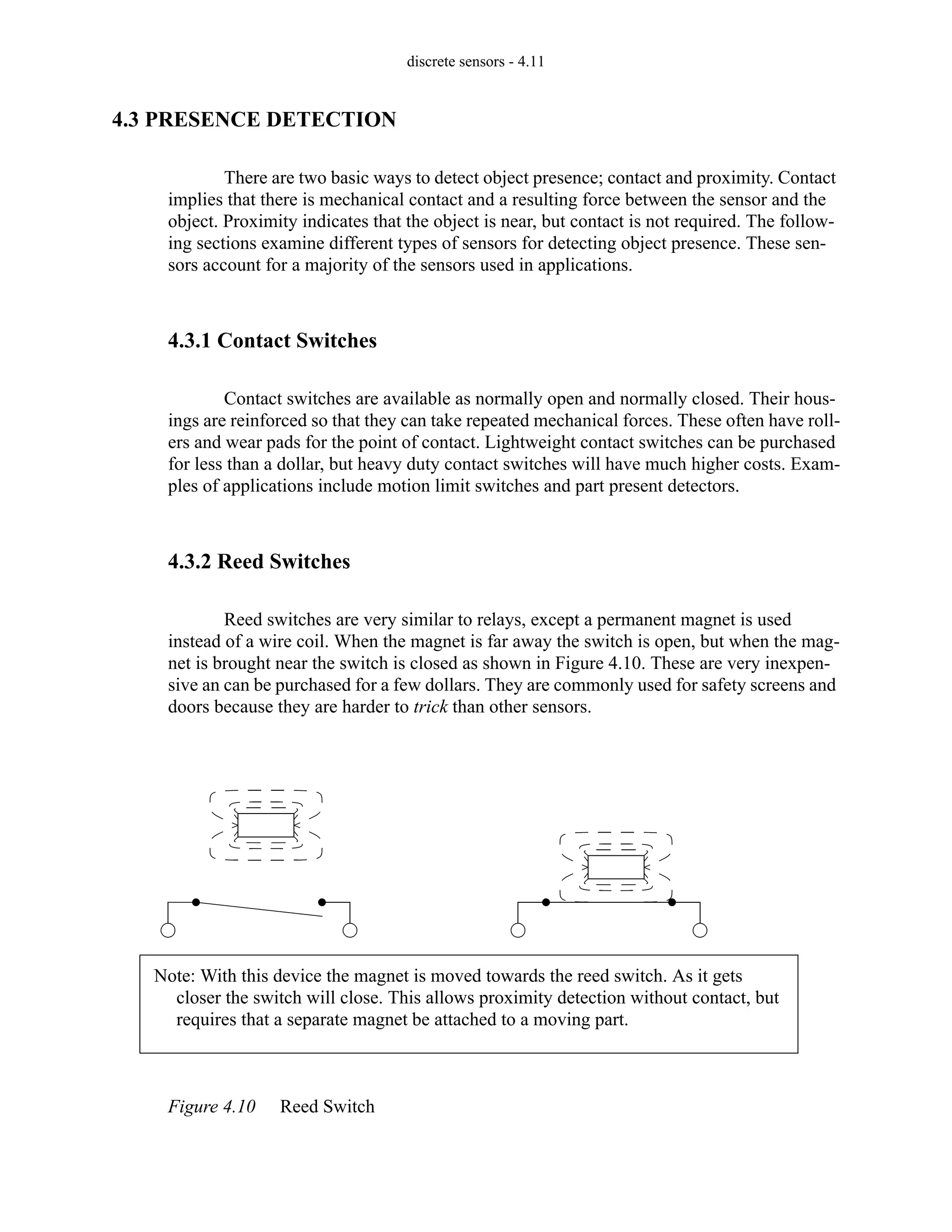 discrete sensors - 4.11
4.3 PRESENCE DETECTION
There are two basic ways to detect object presence; contact and proximity. Contact
implies that there is mechanical contact and a resulting force between the sensor and the
object. Proximity indicates that the object is near, but contact is not required. The follow-
ing sections examine different types of sensors for detecting object presence. These sen-
sors account for a majority of the sensors used in applications.
4.3.1 Contact Switches
Contact switches are available as normally open and normally closed. Their hous-
ings are reinforced so that they can take repeated mechanical forces. These often have roll-
ers and wear pads for the point of contact. Lightweight contact switches can be purchased
for less than a dollar, but heavy duty contact switches will have much higher costs. Exam-
ples of applications include motion limit switches and part present detectors.
4.3.2 Reed Switches
Reed switches are very similar to relays, except a permanent magnet is used
instead of a wire coil. When the magnet is far away the switch is open, but when the mag-
net is brought near the switch is closed as shown in Figure 4.10. These are very inexpen-
sive an can be purchased for a few dollars. They are commonly used for safety screens and
doors because they are harder to trick than other sensors.
Figure 4.10 Reed Switch
Note: With this device the magnet is moved towards the reed switch. As it gets
closer the switch will close. This allows proximity detection without contact, but
requires that a separate magnet be attached to a moving part.
 