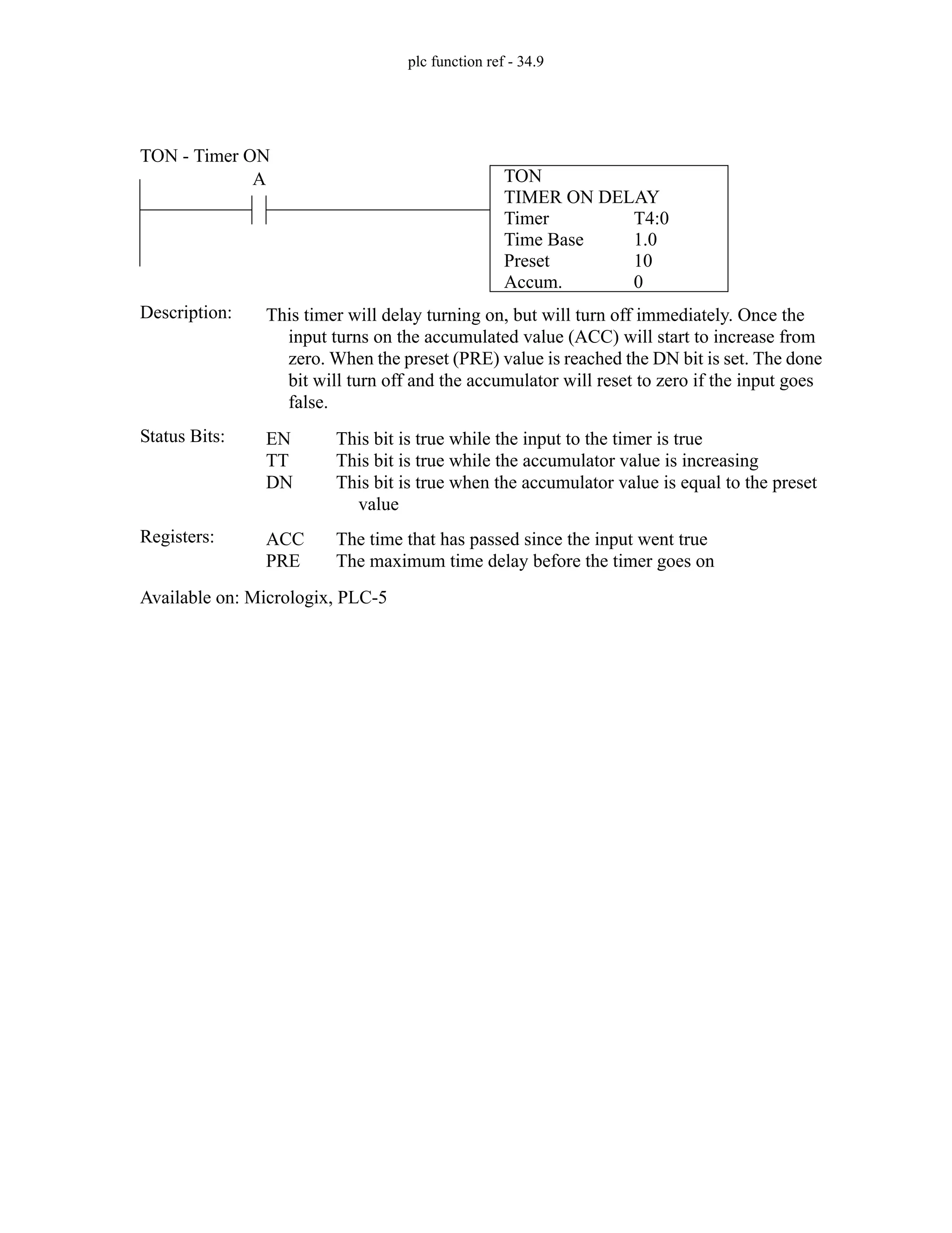 plc function ref - 34.9
TON
TIMER ON DELAY
Timer
Time Base
Preset
Accum.
T4:0
1.0
10
0
A
Status Bits:
This timer will delay turning on, but will turn off immediately. Once the
input turns on the accumulated value (ACC) will start to increase from
zero. When the preset (PRE) value is reached the DN bit is set. The done
bit will turn off and the accumulator will reset to zero if the input goes
false.
Description:
EN
TT
DN
This bit is true while the input to the timer is true
This bit is true while the accumulator value is increasing
This bit is true when the accumulator value is equal to the preset
value
Registers: ACC
PRE
The time that has passed since the input went true
The maximum time delay before the timer goes on
Available on: Micrologix, PLC-5
TON - Timer ON
 