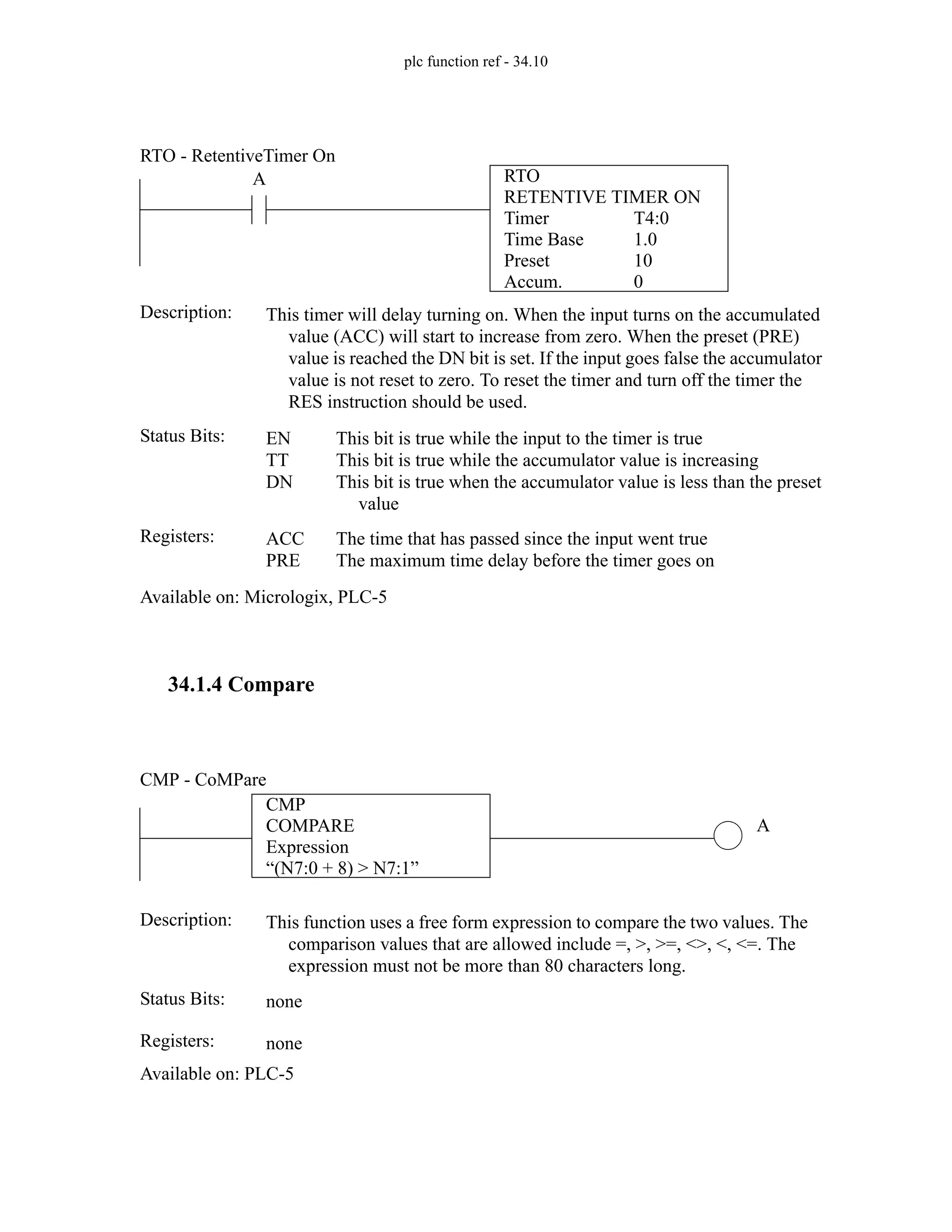 plc function ref - 34.10
34.1.4 Compare
RTO
RETENTIVE TIMER ON
Timer
Time Base
Preset
Accum.
T4:0
1.0
10
0
A
Status Bits:
This timer will delay turning on. When the input turns on the accumulated
value (ACC) will start to increase from zero. When the preset (PRE)
value is reached the DN bit is set. If the input goes false the accumulator
value is not reset to zero. To reset the timer and turn off the timer the
RES instruction should be used.
Description:
EN
TT
DN
This bit is true while the input to the timer is true
This bit is true while the accumulator value is increasing
This bit is true when the accumulator value is less than the preset
value
Registers: ACC
PRE
The time that has passed since the input went true
The maximum time delay before the timer goes on
Available on: Micrologix, PLC-5
RTO - RetentiveTimer On
CMP
COMPARE
Expression
“(N7:0 + 8) > N7:1”
A
Status Bits:
This function uses a free form expression to compare the two values. The
comparison values that are allowed include =, >, >=, <>, <, <=. The
expression must not be more than 80 characters long.
Description:
none
Registers: none
Available on: PLC-5
CMP - CoMPare
 