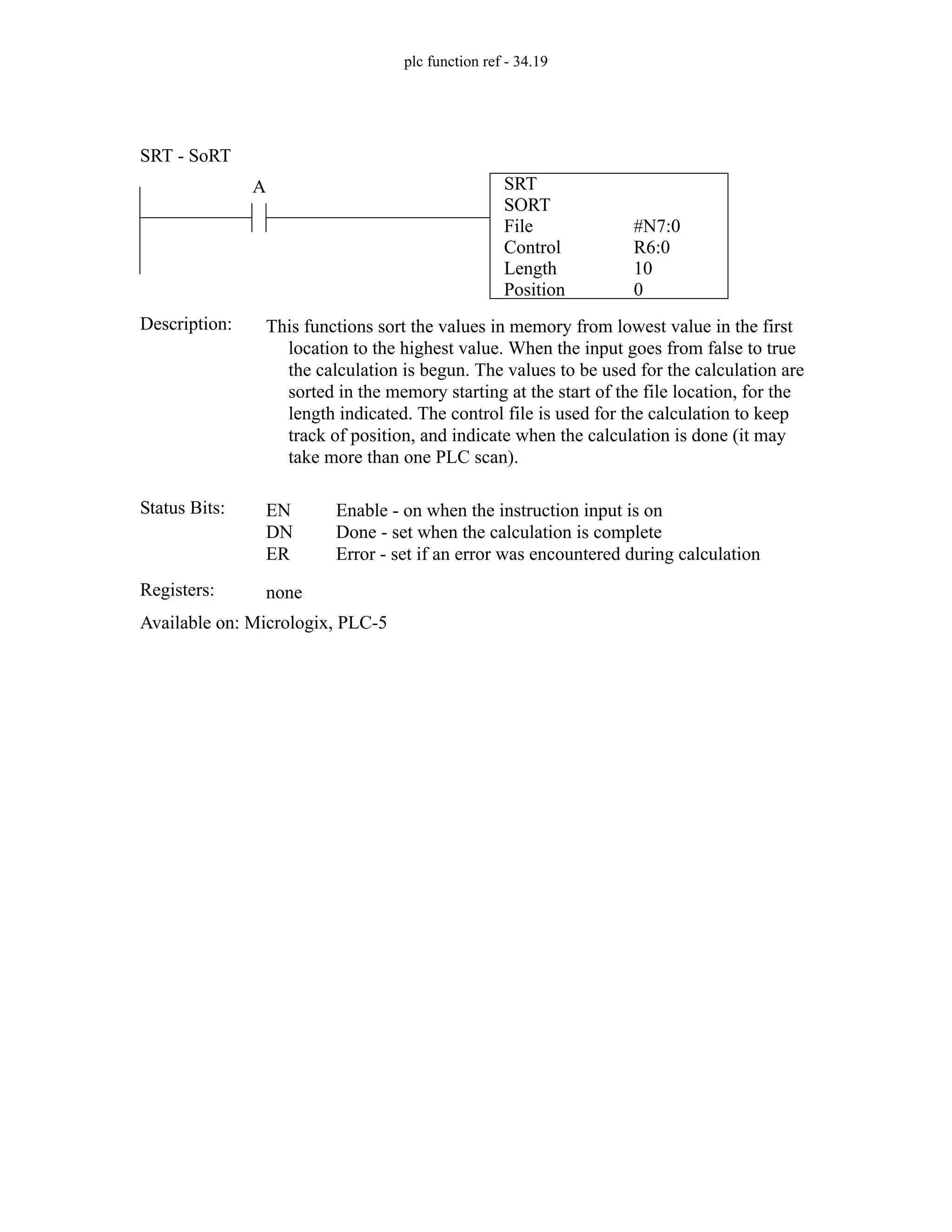 plc function ref - 34.19
SRT
SORT
File
Control
#N7:0
R6:0
A
Status Bits:
This functions sort the values in memory from lowest value in the first
location to the highest value. When the input goes from false to true
the calculation is begun. The values to be used for the calculation are
sorted in the memory starting at the start of the file location, for the
length indicated. The control file is used for the calculation to keep
track of position, and indicate when the calculation is done (it may
take more than one PLC scan).
Description:
EN
DN
ER
Enable - on when the instruction input is on
Done - set when the calculation is complete
Error - set if an error was encountered during calculation
Registers: none
Available on: Micrologix, PLC-5
SRT - SoRT
Length 10
0
Position
 