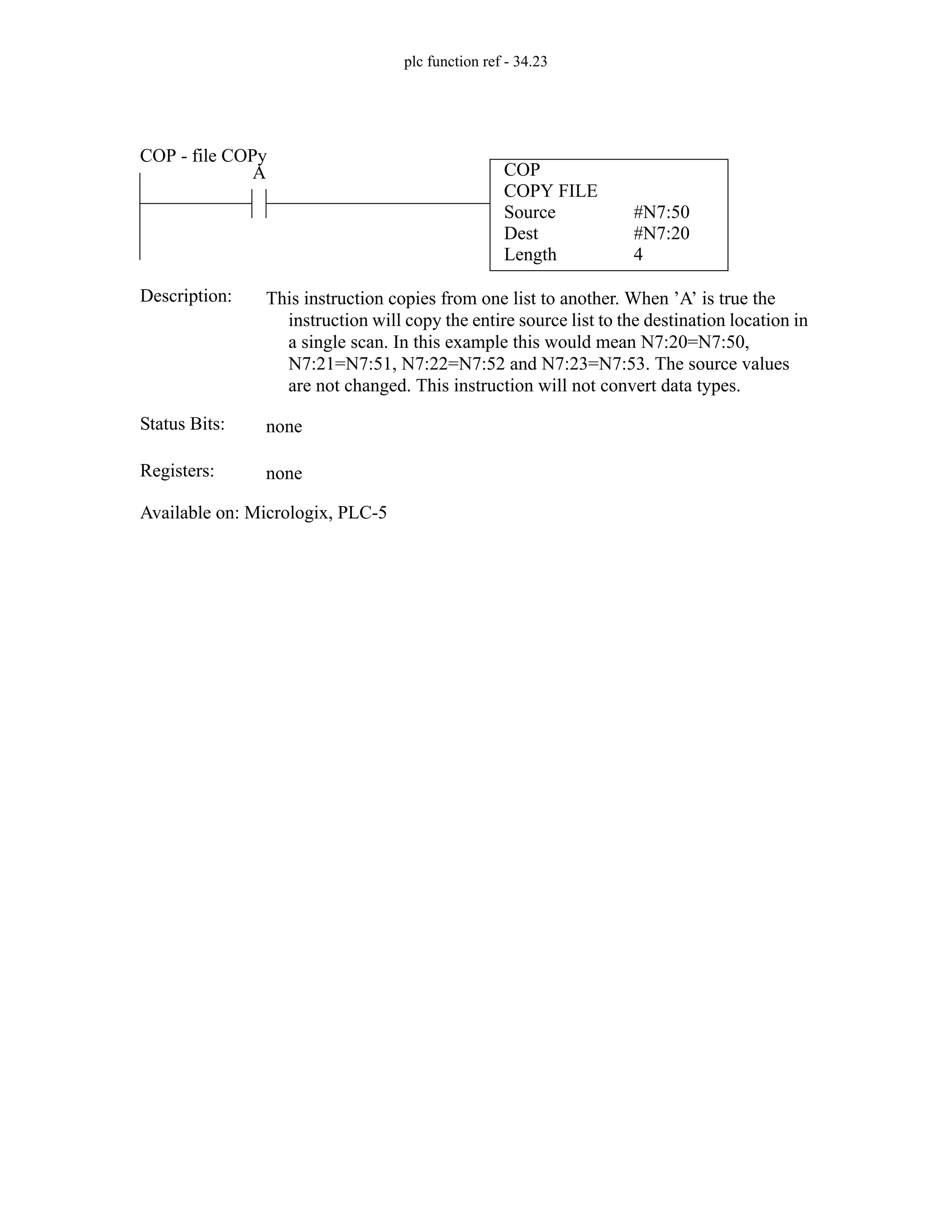 plc function ref - 34.23
COP
COPY FILE
Source
Dest
Length
#N7:50
#N7:20
4
A
Status Bits:
This instruction copies from one list to another. When ’A’ is true the
instruction will copy the entire source list to the destination location in
a single scan. In this example this would mean N7:20=N7:50,
N7:21=N7:51, N7:22=N7:52 and N7:23=N7:53. The source values
are not changed. This instruction will not convert data types.
Description:
none
Registers: none
Available on: Micrologix, PLC-5
COP - file COPy
 