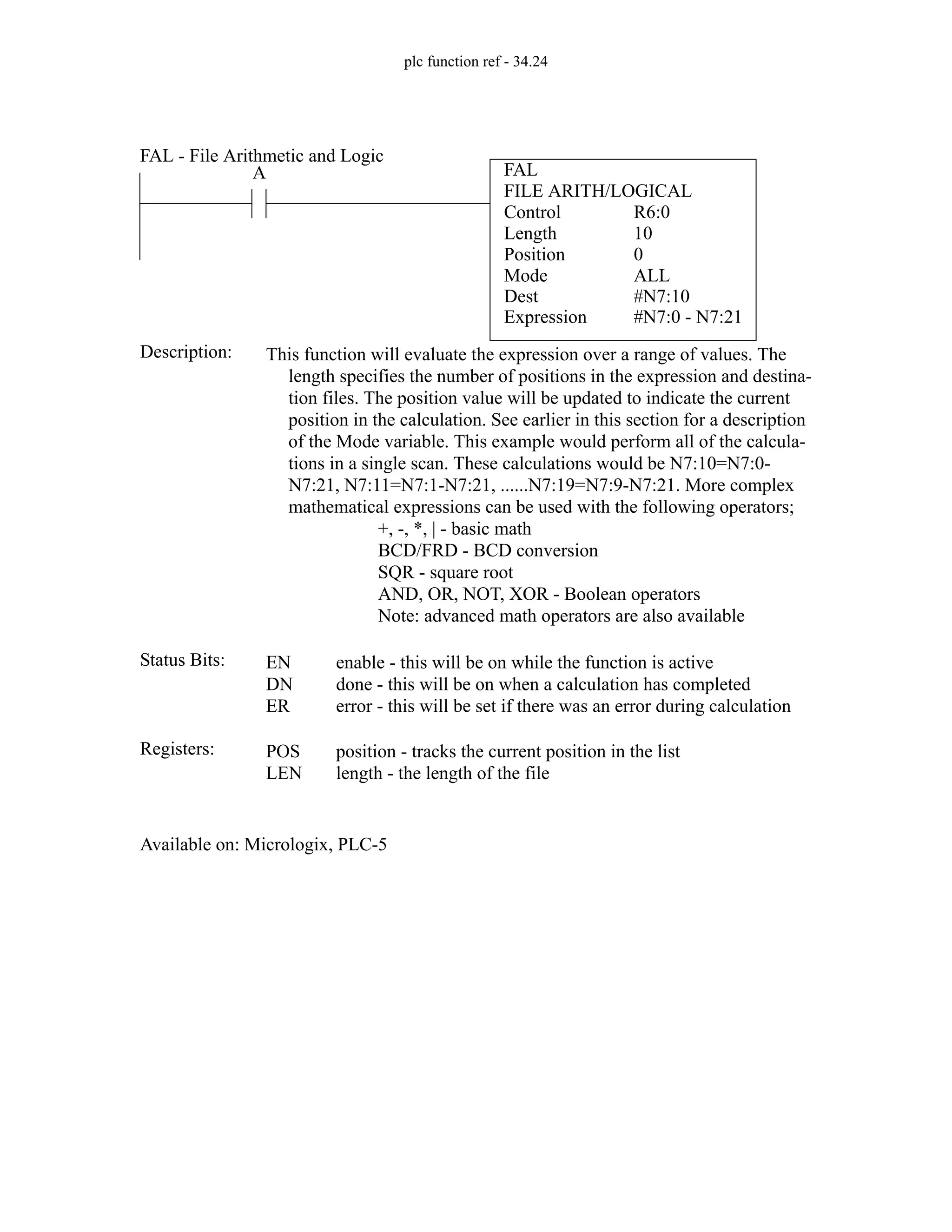 plc function ref - 34.24
FAL
FILE ARITH/LOGICAL
Control
Length
Position
Mode
R6:0
10
0
ALL
A
Status Bits:
This function will evaluate the expression over a range of values. The
length specifies the number of positions in the expression and destina-
tion files. The position value will be updated to indicate the current
position in the calculation. See earlier in this section for a description
of the Mode variable. This example would perform all of the calcula-
tions in a single scan. These calculations would be N7:10=N7:0-
N7:21, N7:11=N7:1-N7:21, ......N7:19=N7:9-N7:21. More complex
mathematical expressions can be used with the following operators;
+, -, *, | - basic math
BCD/FRD - BCD conversion
SQR - square root
AND, OR, NOT, XOR - Boolean operators
Note: advanced math operators are also available
Description:
EN
DN
ER
enable - this will be on while the function is active
done - this will be on when a calculation has completed
error - this will be set if there was an error during calculation
Registers: POS
LEN
position - tracks the current position in the list
length - the length of the file
Available on: Micrologix, PLC-5
FAL - File Arithmetic and Logic
Dest
Expression
#N7:10
#N7:0 - N7:21
 