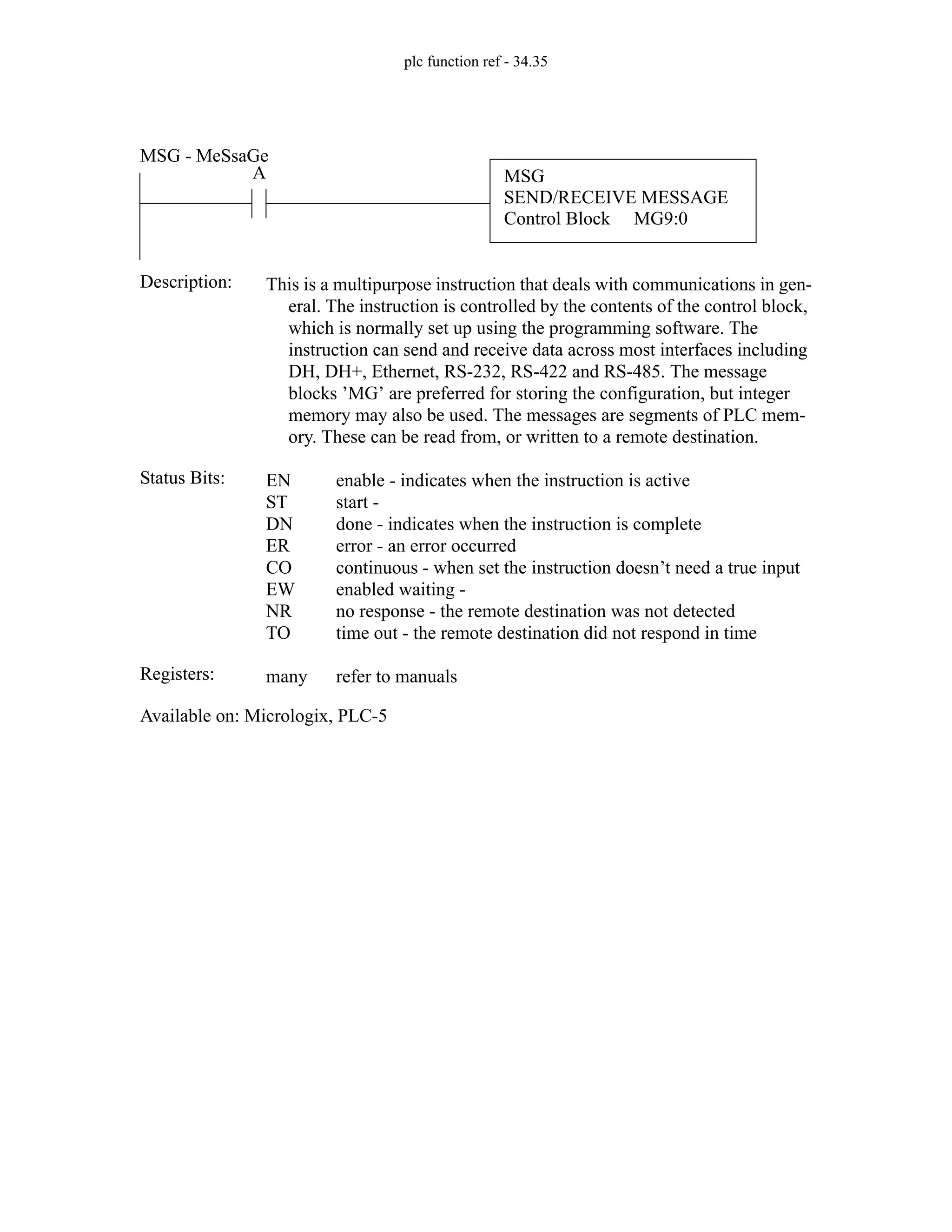 plc function ref - 34.35
MSG
SEND/RECEIVE MESSAGE
Control Block MG9:0
A
Status Bits:
This is a multipurpose instruction that deals with communications in gen-
eral. The instruction is controlled by the contents of the control block,
which is normally set up using the programming software. The
instruction can send and receive data across most interfaces including
DH, DH+, Ethernet, RS-232, RS-422 and RS-485. The message
blocks ’MG’ are preferred for storing the configuration, but integer
memory may also be used. The messages are segments of PLC mem-
ory. These can be read from, or written to a remote destination.
Description:
EN
ST
DN
ER
CO
EW
NR
TO
enable - indicates when the instruction is active
start -
done - indicates when the instruction is complete
error - an error occurred
continuous - when set the instruction doesn’t need a true input
enabled waiting -
no response - the remote destination was not detected
time out - the remote destination did not respond in time
Registers: many refer to manuals
Available on: Micrologix, PLC-5
MSG - MeSsaGe
 