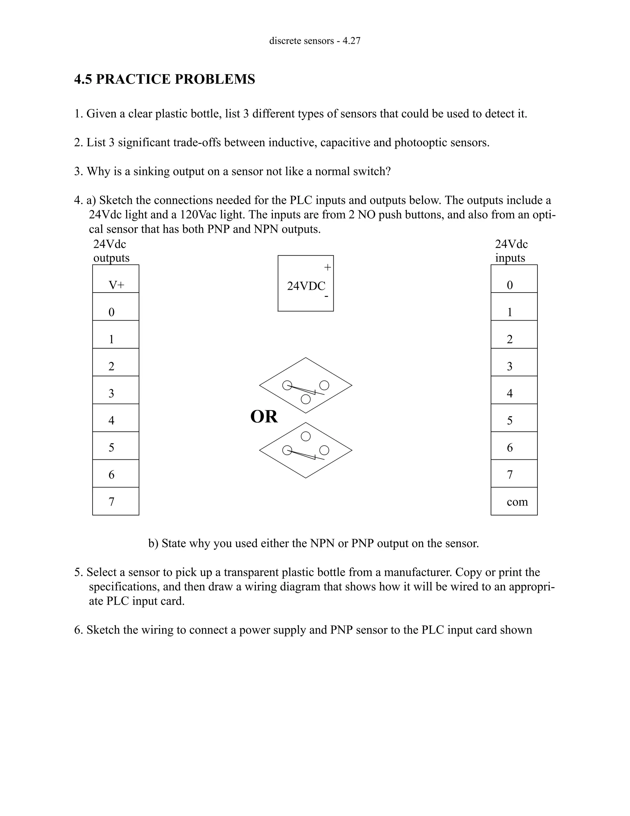 discrete sensors - 4.27
4.5 PRACTICE PROBLEMS
1. Given a clear plastic bottle, list 3 different types of sensors that could be used to detect it.
2. List 3 significant trade-offs between inductive, capacitive and photooptic sensors.
3. Why is a sinking output on a sensor not like a normal switch?
4. a) Sketch the connections needed for the PLC inputs and outputs below. The outputs include a
24Vdc light and a 120Vac light. The inputs are from 2 NO push buttons, and also from an opti-
cal sensor that has both PNP and NPN outputs.
b) State why you used either the NPN or PNP output on the sensor.
5. Select a sensor to pick up a transparent plastic bottle from a manufacturer. Copy or print the
specifications, and then draw a wiring diagram that shows how it will be wired to an appropri-
ate PLC input card.
6. Sketch the wiring to connect a power supply and PNP sensor to the PLC input card shown
0
1
2
3
4
5
6
7
com
24VDC
+
-
V+
0
1
2
3
4
5
6
7
24Vdc
outputs
24Vdc
inputs
OR
 