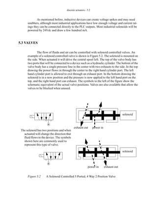 discrete actuators - 5.2
As mentioned before, inductive devices can create voltage spikes and may need
snubbers, although most industrial applications have low enough voltage and current rat-
ings they can be connected directly to the PLC outputs. Most industrial solenoids will be
powered by 24Vdc and draw a few hundred mA.
5.3 VALVES
The flow of fluids and air can be controlled with solenoid controlled valves. An
example of a solenoid controlled valve is shown in Figure 5.2. The solenoid is mounted on
the side. When actuated it will drive the central spool left. The top of the valve body has
two ports that will be connected to a device such as a hydraulic cylinder. The bottom of the
valve body has a single pressure line in the center with two exhausts to the side. In the top
drawing the power flows in through the center to the right hand cylinder port. The left
hand cylinder port is allowed to exit through an exhaust port. In the bottom drawing the
solenoid is in a new position and the pressure is now applied to the left hand port on the
top, and the right hand port can exhaust. The symbols to the left of the figure show the
schematic equivalent of the actual valve positions. Valves are also available that allow the
valves to be blocked when unused.
Figure 5.2 A Solenoid Controlled 5 Ported, 4 Way 2 Position Valve
solenoid
solenoid
power in
exhaust out
power in exhaust out
The solenoid has two positions and when
actuated will change the direction that
fluid flows to the device. The symbols
shown here are commonly used to
represent this type of valve.
 