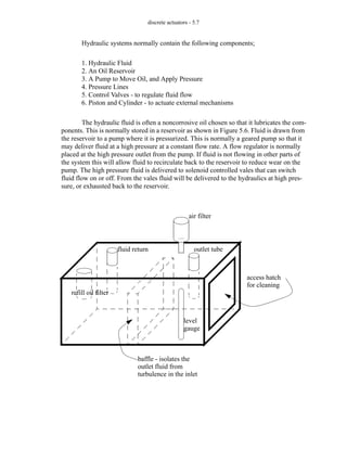 discrete actuators - 5.7
Hydraulic systems normally contain the following components;
1. Hydraulic Fluid
2. An Oil Reservoir
3. A Pump to Move Oil, and Apply Pressure
4. Pressure Lines
5. Control Valves - to regulate fluid flow
6. Piston and Cylinder - to actuate external mechanisms
The hydraulic fluid is often a noncorrosive oil chosen so that it lubricates the com-
ponents. This is normally stored in a reservoir as shown in Figure 5.6. Fluid is drawn from
the reservoir to a pump where it is pressurized. This is normally a geared pump so that it
may deliver fluid at a high pressure at a constant flow rate. A flow regulator is normally
placed at the high pressure outlet from the pump. If fluid is not flowing in other parts of
the system this will allow fluid to recirculate back to the reservoir to reduce wear on the
pump. The high pressure fluid is delivered to solenoid controlled vales that can switch
fluid flow on or off. From the vales fluid will be delivered to the hydraulics at high pres-
sure, or exhausted back to the reservoir.
fluid return
air filter
outlet tube
level
refill oil filter
access hatch
gauge
for cleaning
baffle - isolates the
outlet fluid from
turbulence in the inlet
 