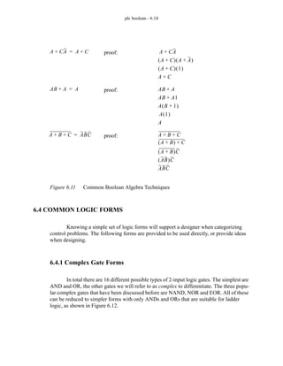 plc boolean - 6.14
Figure 6.11 Common Boolean Algebra Techniques
6.4 COMMON LOGIC FORMS
Knowing a simple set of logic forms will support a designer when categorizing
control problems. The following forms are provided to be used directly, or provide ideas
when designing.
6.4.1 Complex Gate Forms
In total there are 16 different possible types of 2-input logic gates. The simplest are
AND and OR, the other gates we will refer to as complex to differentiate. The three popu-
lar complex gates that have been discussed before are NAND, NOR and EOR. All of these
can be reduced to simpler forms with only ANDs and ORs that are suitable for ladder
logic, as shown in Figure 6.12.
A CA
+ A C
+
= proof: A CA
+
A C
+
( ) A A
+
( )
A C
+
( ) 1
( )
A C
+
AB A
+ A
= proof: AB A
+
AB A1
+
A B 1
+
( )
A 1
( )
A
A B C
+ + ABC
= proof: A B C
+ +
A B
+
( ) C
+
A B
+
( )C
AB
( )C
ABC
 