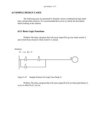 plc boolean - 6.17
6.5 SIMPLE DESIGN CASES
The following cases are presented to illustrate various combinatorial logic prob-
lems, and possible solutions. It is recommended that you try to satisfy the description
before looking at the solution.
6.5.1 Basic Logic Functions
Problem: Develop a program that will cause output D to go true when switch A
and switch B are closed or when switch C is closed.
Figure 6.15 Sample Solution for Logic Case Study A
Problem: Develop a program that will cause output D to be on when push button A
is on, or either B or C are on.
D
C
A B
Solution:
D A B
⋅
( ) C
+
=
 