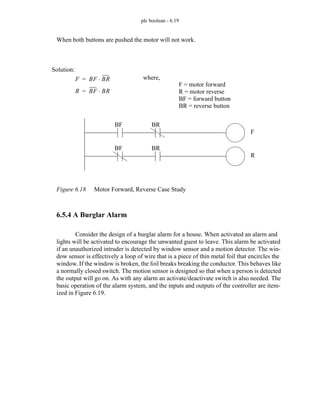 plc boolean - 6.19
When both buttons are pushed the motor will not work.
Figure 6.18 Motor Forward, Reverse Case Study
6.5.4 A Burglar Alarm
Consider the design of a burglar alarm for a house. When activated an alarm and
lights will be activated to encourage the unwanted guest to leave. This alarm be activated
if an unauthorized intruder is detected by window sensor and a motion detector. The win-
dow sensor is effectively a loop of wire that is a piece of thin metal foil that encircles the
window. If the window is broken, the foil breaks breaking the conductor. This behaves like
a normally closed switch. The motion sensor is designed so that when a person is detected
the output will go on. As with any alarm an activate/deactivate switch is also needed. The
basic operation of the alarm system, and the inputs and outputs of the controller are item-
ized in Figure 6.19.
Solution:
F BF BR
⋅
=
R BF BR
⋅
=
where,
F = motor forward
R = motor reverse
BF = forward button
BR = reverse button
BF BR
F
BF BR
R
 