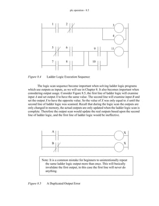 plc operation - 8.5
Figure 8.4 Ladder Logic Execution Sequence
The logic scan sequence become important when solving ladder logic programs
which use outputs as inputs, as we will see in Chapter 8. It also becomes important when
considering output usage. Consider Figure 8.5, the first line of ladder logic will examine
input A and set output X to have the same value. The second line will examine input B and
set the output X to have the opposite value. So the value of X was only equal to A until the
second line of ladder logic was scanned. Recall that during the logic scan the outputs are
only changed in memory, the actual outputs are only updated when the ladder logic scan is
complete. Therefore the output scan would update the real outputs based upon the second
line of ladder logic, and the first line of ladder logic would be ineffective.
Figure 8.5 A Duplicated Output Error
1 2 3
4
5 6
7 8
9
10
11
A
X
B
X
Note: It is a common mistake for beginners to unintentionally repeat
the same ladder logic output more than once. This will basically
invalidate the first output, in this case the first line will never do
anything.
 