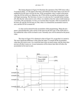plc timers - 9.9
The timing diagram in Figure 9.8 illustrates the operation of the TON timer with a
4 second on-delay. A is the input to the timer, and whenever the timer input is true the EN
enabled bit for the timer will also be true. If the accumulator value is equal to the preset
value the DN bit will be set. Otherwise, the TT bit will be set and the accumulator value
will begin increasing. The first time A is true, it is only true for 3 seconds before turning
off, after this the value resets to zero. (Note: in a retentive time the value would remain at
3 seconds.) The second time A is true, it is on more than 4 seconds. After 4 seconds the TT
bit turns off, and the DN bit turns on. But, when A is released the accumulator resets to
zero, and the DN bit is turned off.
A value can be entered for the accumulator while programming. When the pro-
gram is downloaded this value will be in the timer for the first scan. If the TON timer is
not enabled the value will be set back to zero. Normally zero will be entered for the preset
value.
The timer in Figure 9.9 is identical to that in Figure 9.8, except that it is retentive.
The most significant difference is that when the input A is turned off the accumulator
value does not reset to zero. As a result the timer turns on much sooner, and the timer does
not turn off after it turns on. A reset instruction will be shown later that will allow the
accumulator to be reset to zero.
A
RTO
Timer example
Preset 4000
Accum. 0
A
example.DN
(EN)
(DN)
example.ACC 0
3
4
0 3 6 9 14 17 19
example.EN
10
example.TT
 