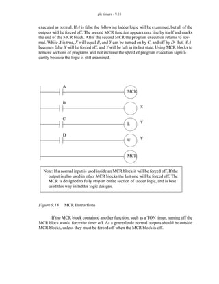 plc timers - 9.18
executed as normal. If A is false the following ladder logic will be examined, but all of the
outputs will be forced off. The second MCR function appears on a line by itself and marks
the end of the MCR block. After the second MCR the program execution returns to nor-
mal. While A is true, X will equal B, and Y can be turned on by C, and off by D. But, if A
becomes false X will be forced off, and Y will be left in its last state. Using MCR blocks to
remove sections of programs will not increase the speed of program execution signifi-
cantly because the logic is still examined.
Figure 9.18 MCR Instructions
If the MCR block contained another function, such as a TON timer, turning off the
MCR block would force the timer off. As a general rule normal outputs should be outside
MCR blocks, unless they must be forced off when the MCR block is off.
A
MCR
MCR
Note: If a normal input is used inside an MCR block it will be forced off. If the
output is also used in other MCR blocks the last one will be forced off. The
MCR is designed to fully stop an entire section of ladder logic, and is best
used this way in ladder logic designs.
B
C
L
D
U
X
Y
Y
 