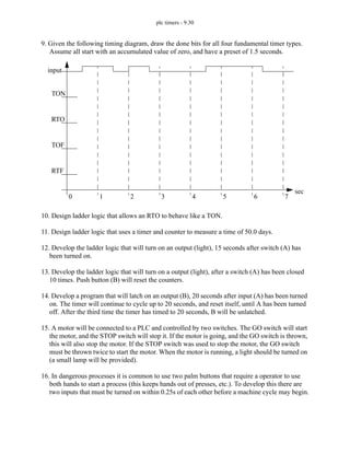 plc timers - 9.30
9. Given the following timing diagram, draw the done bits for all four fundamental timer types.
Assume all start with an accumulated value of zero, and have a preset of 1.5 seconds.
10. Design ladder logic that allows an RTO to behave like a TON.
11. Design ladder logic that uses a timer and counter to measure a time of 50.0 days.
12. Develop the ladder logic that will turn on an output (light), 15 seconds after switch (A) has
been turned on.
13. Develop the ladder logic that will turn on a output (light), after a switch (A) has been closed
10 times. Push button (B) will reset the counters.
14. Develop a program that will latch on an output (B), 20 seconds after input (A) has been turned
on. The timer will continue to cycle up to 20 seconds, and reset itself, until A has been turned
off. After the third time the timer has timed to 20 seconds, B will be unlatched.
15. A motor will be connected to a PLC and controlled by two switches. The GO switch will start
the motor, and the STOP switch will stop it. If the motor is going, and the GO switch is thrown,
this will also stop the motor. If the STOP switch was used to stop the motor, the GO switch
must be thrown twice to start the motor. When the motor is running, a light should be turned on
(a small lamp will be provided).
16. In dangerous processes it is common to use two palm buttons that require a operator to use
both hands to start a process (this keeps hands out of presses, etc.). To develop this there are
two inputs that must be turned on within 0.25s of each other before a machine cycle may begin.
0 1 2 3 4 5 6 7
sec
input
TON
RTO
TOF
RTF
 