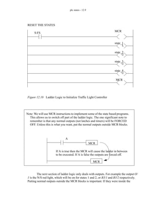 plc states - 12.9
Figure 12.10 Ladder Logic to Initialize Traffic Light Controller
The next section of ladder logic only deals with outputs. For example the output O/
1 is the N/S red light, which will be on for states 1 and 2, or B3/1 and B3/2 respectively.
Putting normal outputs outside the MCR blocks is important. If they were inside the
S:FS
MCR
state_1
state_2
state_3
state_4
MCR
L
U
U
U
RESET THE STATES
A
MCR
MCR
If A is true then the MCR will cause the ladder in between
to be executed. If A is false the outputs are forced off.
Note: We will use MCR instructions to implement some of the state based programs.
This allows us to switch off part of the ladder logic. The one significant note to
remember is that any normal outputs (not latches and timers) will be FORCED
OFF. Unless this is what you want, put the normal outputs outside MCR blocks.
 