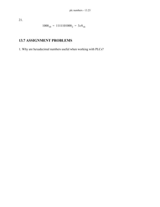 plc numbers - 13.23
21.
13.7 ASSIGNMENT PROBLEMS
1. Why are hexadecimal numbers useful when working with PLCs?
100010 11111010002 3e816
= =
 