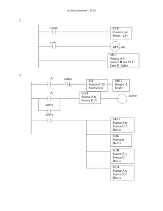 plc basic functions - 15.29
3.
4.
CTU
Counter cnt
Preset 1234
RES cnt
count
reset
MUL
Source A 5
Source B cnt.ACC
Dest O_lights
MOV
Source -2
Dest n
A
EQ
Source A 20
Source B n
LEQ
Source A n
Source B 20
SUB
Source A x
Source B 1
Dest x
MUL
Source A x
Source B 2
Dest x
ADD
Source A n
Source B 2
Dest n
LOG
Source n
Dest x
active
active
active
A active
 