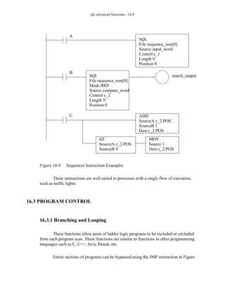 plc advanced functions - 16.9
Figure 16.9 Sequencer Instruction Examples
These instructions are well suited to processes with a single flow of execution,
such as traffic lights.
16.3 PROGRAM CONTROL
16.3.1 Branching and Looping
These functions allow parts of ladder logic programs to be included or excluded
from each program scan. These functions are similar to functions in other programming
languages such as C, C++, Java, Pascal, etc.
Entire sections of programs can be bypassed using the JMP instruction in Figure
SQI
File sequence_rem[0]
Mask 0005
Source compare_word
Control c_2
Length 9
Position 0
B
SQL
File sequence_rem[0]
Source input_word
Control c_1
Length 9
Position 0
A
match_output
ADD
SourceA c_2.POS
SourceB 1
Dest c_2.POS
C
MOV
Source 1
Dest c_2.POS
GT
SourceA c_2.POS
SourceB 9
 