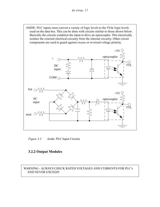 plc wiring - 3.7
Figure 3.3 Aside: PLC Input Circuits
3.2.2 Output Modules
ASIDE: PLC inputs must convert a variety of logic levels to the 5Vdc logic levels
used on the data bus. This can be done with circuits similar to those shown below.
Basically the circuits condition the input to drive an optocoupler. This electrically
isolates the external electrical circuitry from the internal circuitry. Other circuit
components are used to guard against excess or reversed voltage polarity.
TTL
+5V
optocoupler
TTL
+5V
optocoupler
DC
input
AC
input
+
COM
hot
neut.
WARNING - ALWAYS CHECK RATED VOLTAGES AND CURRENTS FOR PLC’s
AND NEVER EXCEED!
 