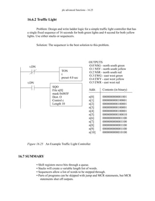 plc advanced functions - 16.25
16.6.2 Traffic Light
Problem: Design and write ladder logic for a simple traffic light controller that has
a single fixed sequence of 16 seconds for both green lights and 4 second for both yellow
lights. Use either stacks or sequencers.
Solution: The sequencer is the best solution to this problem.
Figure 16.25 An Example Traffic Light Controller
16.7 SUMMARY
• Shift registers move bits through a queue.
• Stacks will create a variable length list of words.
• Sequencers allow a list of words to be stepped through.
• Parts of programs can be skipped with jump and MCR statements, but MCR
statements shut off outputs.
OUTPUTS
O.0 NSG - north south green
O.1 NSY - north south yellow
O.2 NSR - north south red
O.3 EWG - east west green
O.4 EWY - east west yellow
O.5 EWR - east west red
TON
t
preset 4.0 sec
SQO
File n[0]
mask 0x003F
t.DN
t.DN
Dest. O
Control c
Length 10
Addr.
n[0]
n[1]
n[2]
n[3]
n[4]
n[5]
n[6]
n[7]
n[8]
n[9]
n[10]
Contents (in binary)
0000000000001001
0000000000100001
0000000000100001
0000000000100001
0000000000100001
0000000000100010
0000000000001100
0000000000001100
0000000000001100
0000000000001100
0000000000010100
 