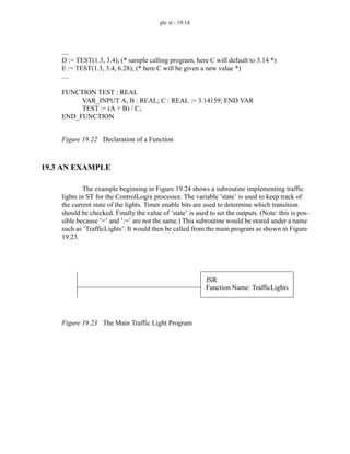 plc st - 19.14
Figure 19.22 Declaration of a Function
19.3 AN EXAMPLE
The example beginning in Figure 19.24 shows a subroutine implementing traffic
lights in ST for the ControlLogix processor. The variable ’state’ is used to keep track of
the current state of the lights. Timer enable bits are used to determine which transition
should be checked. Finally the value of ’state’ is used to set the outputs. (Note: this is pos-
sible because ’=’ and ’:=’ are not the same.) This subroutine would be stored under a name
such as ’TrafficLights’. It would then be called from the main program as shown in Figure
19.23.
Figure 19.23 The Main Traffic Light Program
....
D := TEST(1.3, 3.4); (* sample calling program, here C will default to 3.14 *)
E := TEST(1.3, 3.4, 6.28); (* here C will be given a new value *)
....
FUNCTION TEST : REAL
VAR_INPUT A, B : REAL; C : REAL := 3.14159; END VAR
TEST := (A + B) / C;
END_FUNCTION
JSR
Function Name: TrafficLights
 
