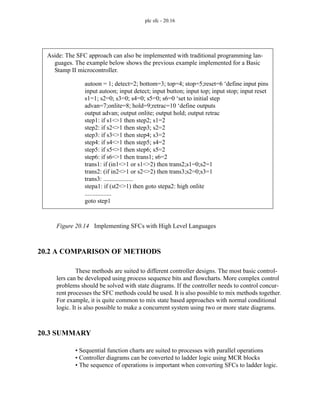 plc sfc - 20.16
Figure 20.14 Implementing SFCs with High Level Languages
20.2 A COMPARISON OF METHODS
These methods are suited to different controller designs. The most basic control-
lers can be developed using process sequence bits and flowcharts. More complex control
problems should be solved with state diagrams. If the controller needs to control concur-
rent processes the SFC methods could be used. It is also possible to mix methods together.
For example, it is quite common to mix state based approaches with normal conditional
logic. It is also possible to make a concurrent system using two or more state diagrams.
20.3 SUMMARY
• Sequential function charts are suited to processes with parallel operations
• Controller diagrams can be converted to ladder logic using MCR blocks
• The sequence of operations is important when converting SFCs to ladder logic.
autoon = 1; detect=2; bottom=3; top=4; stop=5;reset=6 ‘define input pins
input autoon; input detect; input button; input top; input stop; input reset
s1=1; s2=0; s3=0; s4=0; s5=0; s6=0 ‘set to initial step
advan=7;onlite=8; hold=9;retrac=10 ‘define outputs
output advan; output onlite; output hold; output retrac
step1: if s1<>1 then step2; s1=2
step2: if s2<>1 then step3; s2=2
step3: if s3<>1 then step4; s3=2
step4: if s4<>1 then step5; s4=2
step5: if s5<>1 then step6; s5=2
step6: if s6<>1 then trans1; s6=2
trans1: if (in1<>1 or s1<>2) then trans2;s1=0;s2=1
trans2: (if in2<>1 or s2<>2) then trans3;s2=0;s3=1
trans3: ...................
stepa1: if (st2<>1) then goto stepa2: high onlite
.................
goto step1
Aside: The SFC approach can also be implemented with traditional programming lan-
guages. The example below shows the previous example implemented for a Basic
Stamp II microcontroller.
 