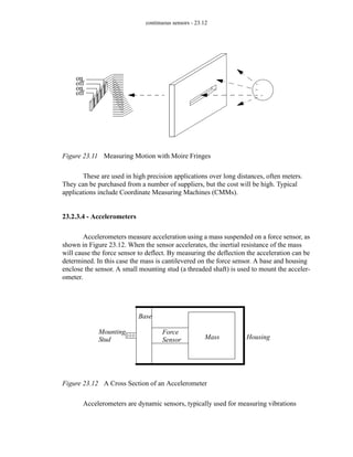 continuous sensors - 23.12
Figure 23.11 Measuring Motion with Moire Fringes
These are used in high precision applications over long distances, often meters.
They can be purchased from a number of suppliers, but the cost will be high. Typical
applications include Coordinate Measuring Machines (CMMs).
23.2.3.4 - Accelerometers
Accelerometers measure acceleration using a mass suspended on a force sensor, as
shown in Figure 23.12. When the sensor accelerates, the inertial resistance of the mass
will cause the force sensor to deflect. By measuring the deflection the acceleration can be
determined. In this case the mass is cantilevered on the force sensor. A base and housing
enclose the sensor. A small mounting stud (a threaded shaft) is used to mount the acceler-
ometer.
Figure 23.12 A Cross Section of an Accelerometer
Accelerometers are dynamic sensors, typically used for measuring vibrations
on
off
on
off
Mass
Force
Sensor
Base
Mounting
Stud Housing
 