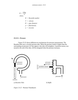 continuous sensors - 23.21
23.2.5.1 - Pressure
Figure 23.22 shows different two mechanisms for pressure measurement. The
Bourdon tube uses a circular pressure tube. When the pressure inside is higher than the
surrounding air pressure (14.7psi approx.) the tube will straighten. A position sensor, con-
nected to the end of the tube, will be elongated when the pressure increases.
Figure 23.22 Pressure Transducers
R
VDρ
u
-----------
-
=
where,
R Reynolds number
=
V velocity
=
D pipe diameter
=
ρ fluid density
=
u viscosity
=
pressure
a) Bourdon Tube
position
sensor
position sensor
pressure
b) Baffle
pressure
increase
pressure
increase
 