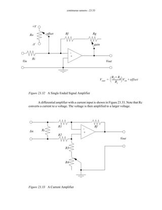 continuous sensors - 23.33
Figure 23.32 A Single Ended Signal Amplifier
A differential amplifier with a current input is shown in Figure 23.33. Note that Rc
converts a current to a voltage. The voltage is then amplified to a larger voltage.
Figure 23.33 A Current Amplifier
Vin
+V
-V
Ro
Ri
Rf Rg
gain
Vout
-
+
offset
Vout
Rf Rg
+
Ri
----------------
-
⎝ ⎠
⎛ ⎞ Vin offset
+
=
-
+
Iin
Vout
Rc
R1
R2
Rf
R3
R4
 