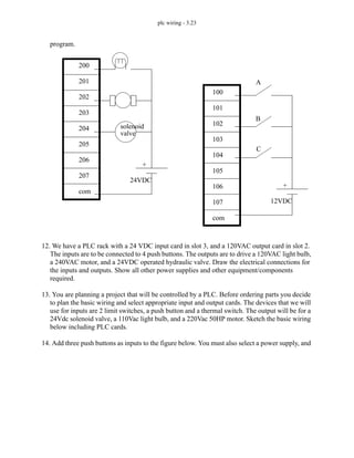 plc wiring - 3.23
program.
12. We have a PLC rack with a 24 VDC input card in slot 3, and a 120VAC output card in slot 2.
The inputs are to be connected to 4 push buttons. The outputs are to drive a 120VAC light bulb,
a 240VAC motor, and a 24VDC operated hydraulic valve. Draw the electrical connections for
the inputs and outputs. Show all other power supplies and other equipment/components
required.
13. You are planning a project that will be controlled by a PLC. Before ordering parts you decide
to plan the basic wiring and select appropriate input and output cards. The devices that we will
use for inputs are 2 limit switches, a push button and a thermal switch. The output will be for a
24Vdc solenoid valve, a 110Vac light bulb, and a 220Vac 50HP motor. Sketch the basic wiring
below including PLC cards.
14. Add three push buttons as inputs to the figure below. You must also select a power supply, and
200
201
202
203
204
205
206
207
com
100
101
102
103
104
105
106
107
com
A
B
C
12VDC
+
solenoid
valve
24VDC
+
 