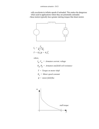 continuous actuators - 24.21
cally accelerate to infinite speeds if unloaded. This makes the dangerous
when used in applications where they are potentially unloaded.
- these motors typically have greater starting torques that shunt motors
Ia
Va
Ra Rf
+
----------------
-
=
T KtIaφ KtIa
2
= =
where,
Ia Va
, Armature current, voltage
=
T Torque on motor shaft
=
Kt Motor speed constant
=
φ motor field flux
=
Ra Rf
, Armature and field coil resistance
=
ω
T
stall torque
 
