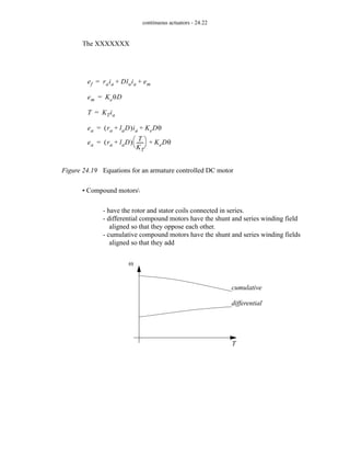 continuous actuators - 24.22
The XXXXXXX
Figure 24.19 Equations for an armature controlled DC motor
• Compound motors
- have the rotor and stator coils connected in series.
- differential compound motors have the shunt and series winding field
aligned so that they oppose each other.
- cumulative compound motors have the shunt and series winding fields
aligned so that they add
ef raia Dlaia em
+ +
=
em KeθD
=
ea ra laD
+
( )ia KeDθ
+
=
T KTia
=
ea ra laD
+
( )
T
KT
-----
-
⎝ ⎠
⎛ ⎞ KeDθ
+
=
ω
T
cumulative
differential
 