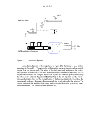 plc pid - 25.2
Figure 25.1 Continuous Systems
A mechanical control system is pictured in Figure 25.2 that could be used for the
water tank in Figure 25.1. This controller will adjust the valve position, therefore control-
ling the flow rate into the tank. The height of the fluid in the tank will change the hydro-
static pressure at the bottom of the tank. A pressure line is connected to a pressure cell. As
the pressure inside the cell changes, the cell will expand and contract, opening and closing
the valve. As the tank fills the pressure becomes higher, the cell expands, and the valve
closes, reducing the flow in. The desired height of the tank can be adjusted by sliding the
pressure cell up/down a distance x. In this example the height x is called the setpoint. The
control variable is the position of the valve, and, the feedback variable is the water pres-
sure from the tank. The controller is the pressure cell.
q1
valve
q2
valve
h
Vin
motor
controller
a) Water Tank
b) Motor Driven Conveyor
 