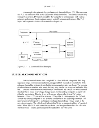 plc serial - 27.2
An example of a networked control system is shown in Figure 27.1. The computer
and PLC are connected with an RS-232 (serial data) connection. This connection can only
connect two devices. Devicenet is used by the Computer to communicate with various
actuators and sensors. Devicenet can support up to 63 actuators and sensors. The PLC
inputs and outputs are connected as normal to the process.
Figure 27.1 A Communication Example
27.2 SERIAL COMMUNICATIONS
Serial communications send a single bit at a time between computers. This only
requires a single communication channel, as opposed to 8 channels to send a byte. With
only one channel the costs are lower, but the communication rates are slower. The commu-
nication channels are often wire based, but they may also be can be optical and radio. Fig-
ure 27.2 shows some of the standard electrical connections. RS-232c is the most common
standard that is based on a voltage change levels. At the sending computer an input will
either be true or false. The line driver will convert a false value in to a Txd voltage
between +3V to +15V, true will be between -3V to -15V. A cable connects the Txd and
com on the sending computer to the Rxd and com inputs on the receiving computer. The
receiver converts the positive and negative voltages back to logic voltage levels in the
receiving computer. The cable length is limited to 50 feet to reduce the effects of electrical
noise. When RS-232 is used on the factory floor, care is required to reduce the effects of
electrical noise - careful grounding and shielded cables are often used.
PLC
Process
Computer Devicenet
Actuators
Process
Process
Sensors
Process
Actuators
Process
Sensors
RS-232
Normal I/O on PLC
 