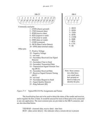 plc serial - 27.7
Figure 27.5 Typical RS-232 Pin Assignments and Names
The handshaking lines are to be used to detect the status of the sender and receiver,
and to regulate the flow of data. It would be unusual for most of these pins to be connected
in any one application. The most common pins are provided on the DB-9 connector, and
are also described below.
TXD/RXD - (transmit data, receive data) - data lines
DCD - (data carrier detect) - this indicates when a remote device is present
1 2 3 4 5 6 7 8 9 10 11 12 13
14 15 16 17 18 19 20 21 22 23 24 25
1 2 3 4 5
6 7 8 9
DB-25 DB-9
Commonly used pins
1 - GND (chassis ground)
2 - TXD (transmit data)
3 - RXD (receive data)
4 - RTS (request to send)
5 - CTS (clear to send)
6 - DSR (data set ready)
7 - COM (common)
8 - DCD (Data Carrier Detect)
20 - DTR (data terminal ready)
Other pins
9 - Positive Voltage
10 - Negative Voltage
11 - not used
12 - Secondary Received Line Signal
Detector
13 - Secondary Clear to Send
14 - Secondary Transmitted Data
15 - Transmission Signal Element Tim-
ing (DCE)
16 - Secondary Received Data
17 - Receiver Signal Element Timing
(DCE)
18 - not used
19 - Secondary Request to Send
21 - Signal Quality Detector
22 - Ring Indicator (RI)
1 - DCD
2 - RXD
3 - TXD
4 - DTR
5 - COM
6 - DSR
7 - RTS
8 - CTS
9 - RI
Note: these connec-
tors often have
very small num-
bers printed on
them to help you
identify the pins.
 