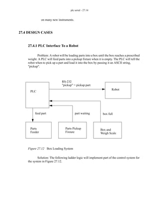 plc serial - 27.14
on many new instruments.
27.4 DESIGN CASES
27.4.1 PLC Interface To a Robot
Problem: A robot will be loading parts into a box until the box reaches a prescribed
weight. A PLC will feed parts into a pickup fixture when it is empty. The PLC will tell the
robot when to pick up a part and load it into the box by passing it an ASCII string,
"pickup".
Figure 27.12 Box Loading System
Solution: The following ladder logic will implement part of the control system for
the system in Figure 27.12.
PLC
Robot
Box and
RS-232
Parts
"pickup" = pickup part
Feeder
Parts Pickup
Fixture
feed part part waiting box full
Weigh Scale
 