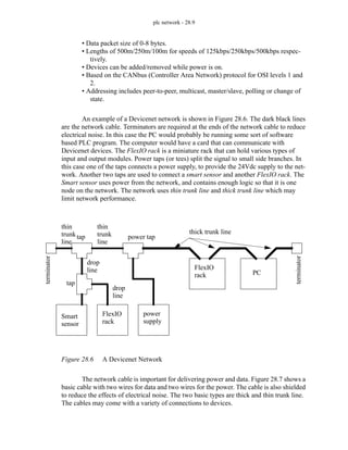 plc network - 28.9
• Data packet size of 0-8 bytes.
• Lengths of 500m/250m/100m for speeds of 125kbps/250kbps/500kbps respec-
tively.
• Devices can be added/removed while power is on.
• Based on the CANbus (Controller Area Network) protocol for OSI levels 1 and
2.
• Addressing includes peer-to-peer, multicast, master/slave, polling or change of
state.
An example of a Devicenet network is shown in Figure 28.6. The dark black lines
are the network cable. Terminators are required at the ends of the network cable to reduce
electrical noise. In this case the PC would probably be running some sort of software
based PLC program. The computer would have a card that can communicate with
Devicenet devices. The FlexIO rack is a miniature rack that can hold various types of
input and output modules. Power taps (or tees) split the signal to small side branches. In
this case one of the taps connects a power supply, to provide the 24Vdc supply to the net-
work. Another two taps are used to connect a smart sensor and another FlexIO rack. The
Smart sensor uses power from the network, and contains enough logic so that it is one
node on the network. The network uses thin trunk line and thick trunk line which may
limit network performance.
Figure 28.6 A Devicenet Network
The network cable is important for delivering power and data. Figure 28.7 shows a
basic cable with two wires for data and two wires for the power. The cable is also shielded
to reduce the effects of electrical noise. The two basic types are thick and thin trunk line.
The cables may come with a variety of connections to devices.
Smart FlexIO
rack
power
FlexIO
rack PC
terminator
terminator
sensor supply
tap power tap
tap
drop
line
drop
line
thick trunk line
thin
trunk
line
thin
trunk
line
 